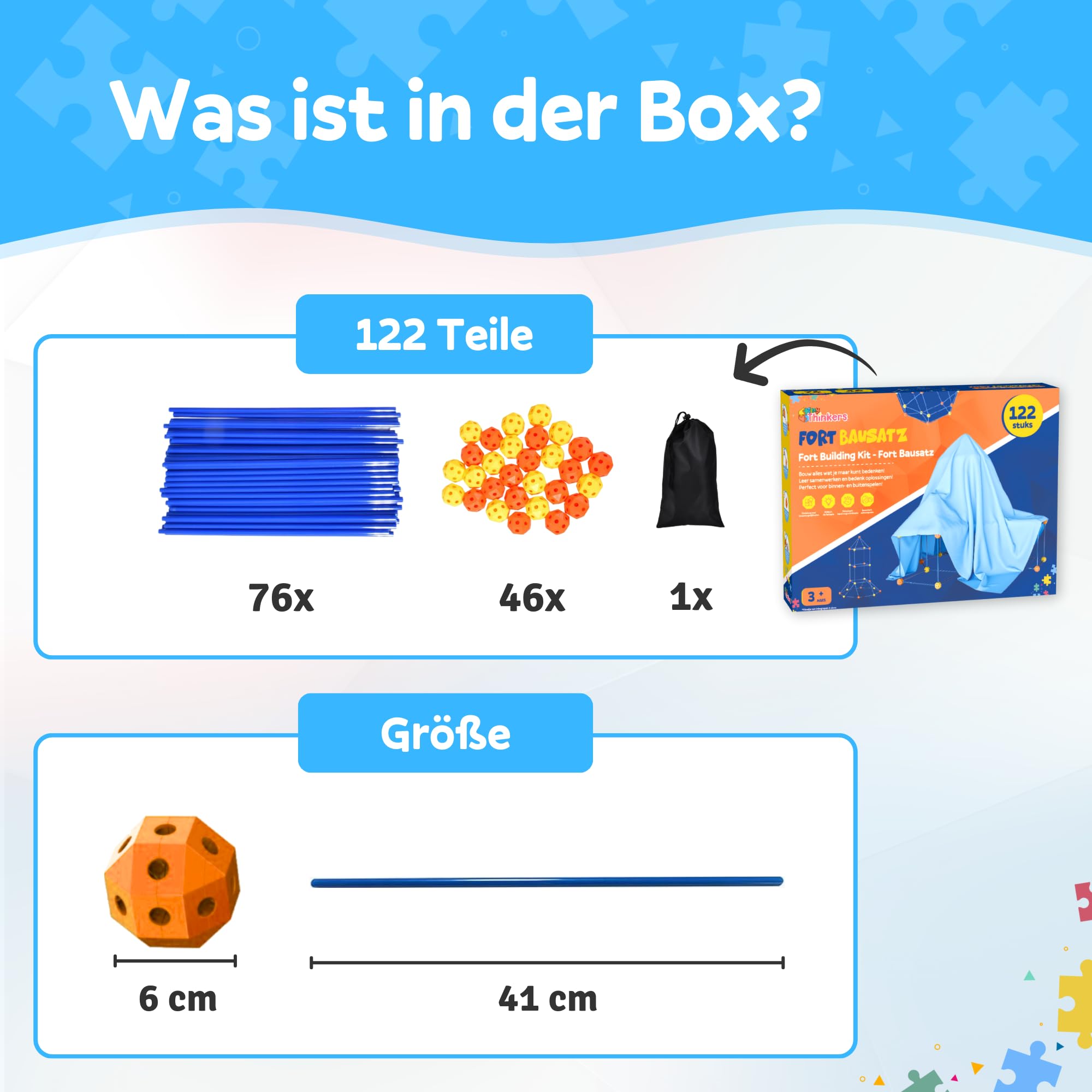 Fort Bausatz XL für Kinder, 122-teiliges Stecksystem mit 76 Stäben & 46 Steckbällen, Höhle Bauen Set für Indoor & Outdoor, Konstruktionsspielzeug ab 5 Jahren, Inkl. Tasche & E-Book mit Bauideen