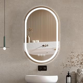 Ratsamee Ovaler Badspiegel mit Beleuchtung LED, 50x80cm Spiegel mit Light, Wandspiegel Oval mit Frontbeleuchtung, Antibeschlagfunktion, Dimmbar, mit 3 Einstellbaren Lichtfarben