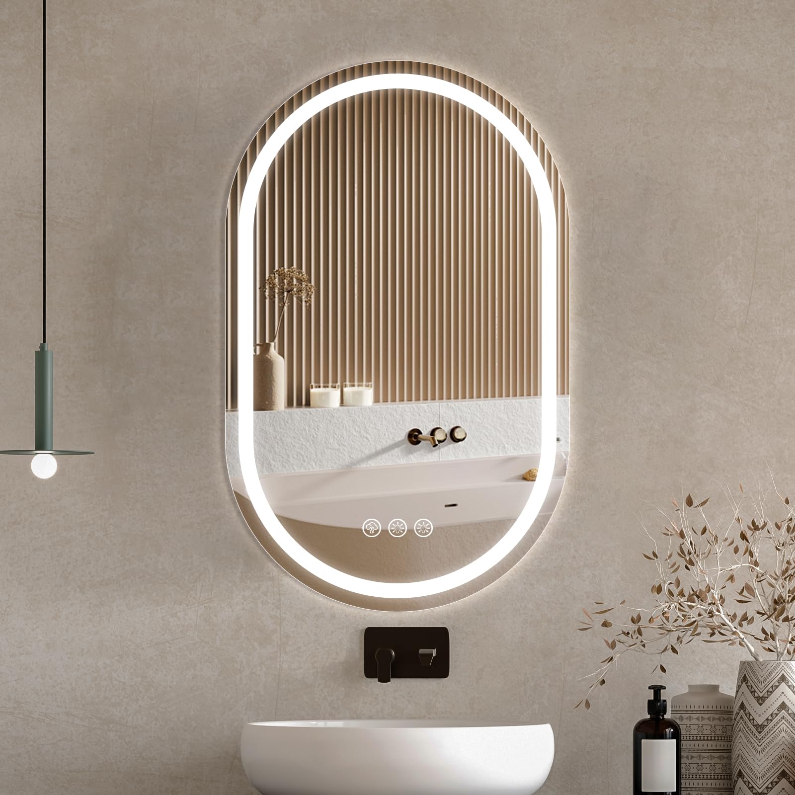 Ratsamee 50x80cm Ovale Specchio Bagno con Luce, 3 Colori Dimmerabili, Antiappannamento, Memoria, Touch Control, Montaggio a Parete – Specchio Trucco con Illuminazione