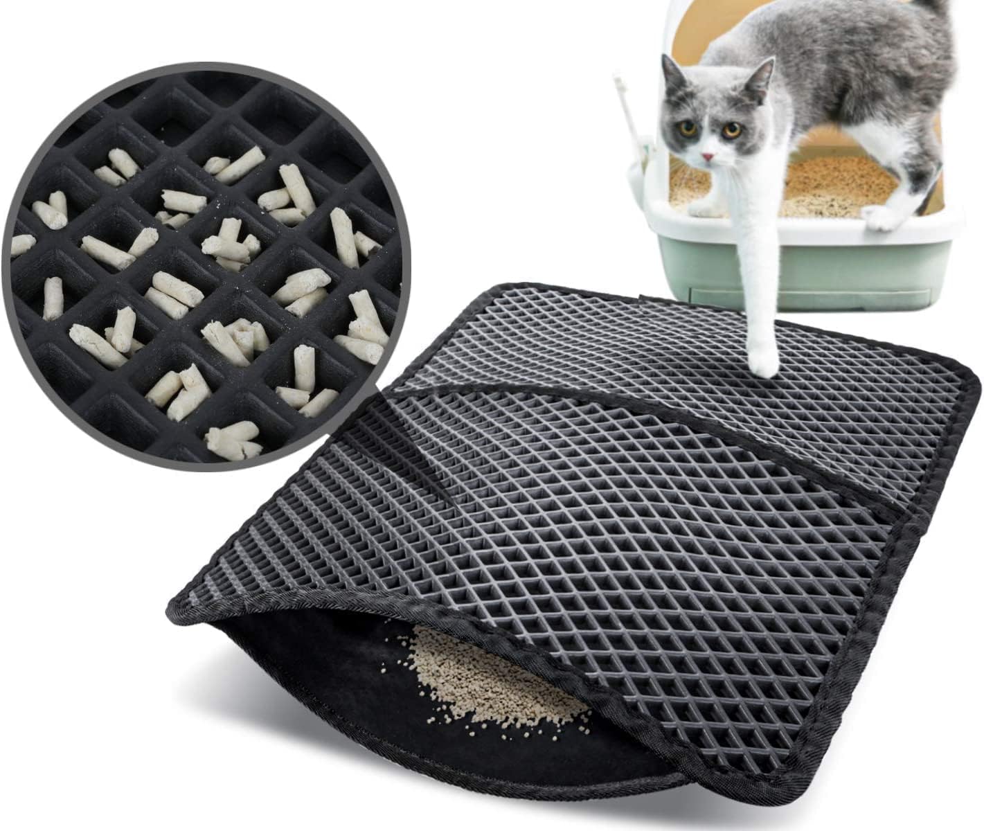 gresonic Cat Litter Mat Black Trapping for Litter Box, Urine & Waterproof Rhombic Double Layer Anti Tracking Kitty Mats, No Phthalate, Washable Easy Clean (15" x 25")