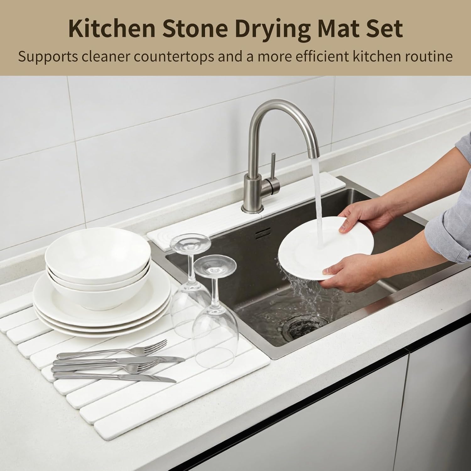 2 PCS Stone Drying Mat Set, 24 x 16 Dish Drainer Pad with 24 x 4 Faucet Guard, Water Absorbing Diatomaceous Earth Kitchen Counter Tray, Quick Dry Surface Protector, Off White