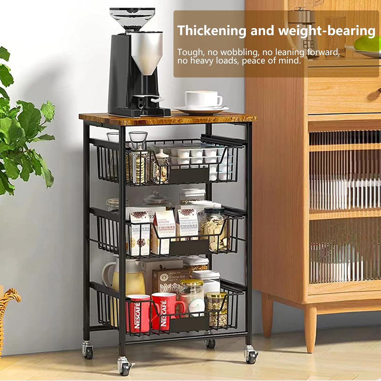 Multi-Tier Kitchen Organizer and Storage Cart with Wheels Pull-Out Baskets Wood Top Fruit Basket Snacks Vegetables Storage Basket Pantry Rack (Black, 5 Tier)