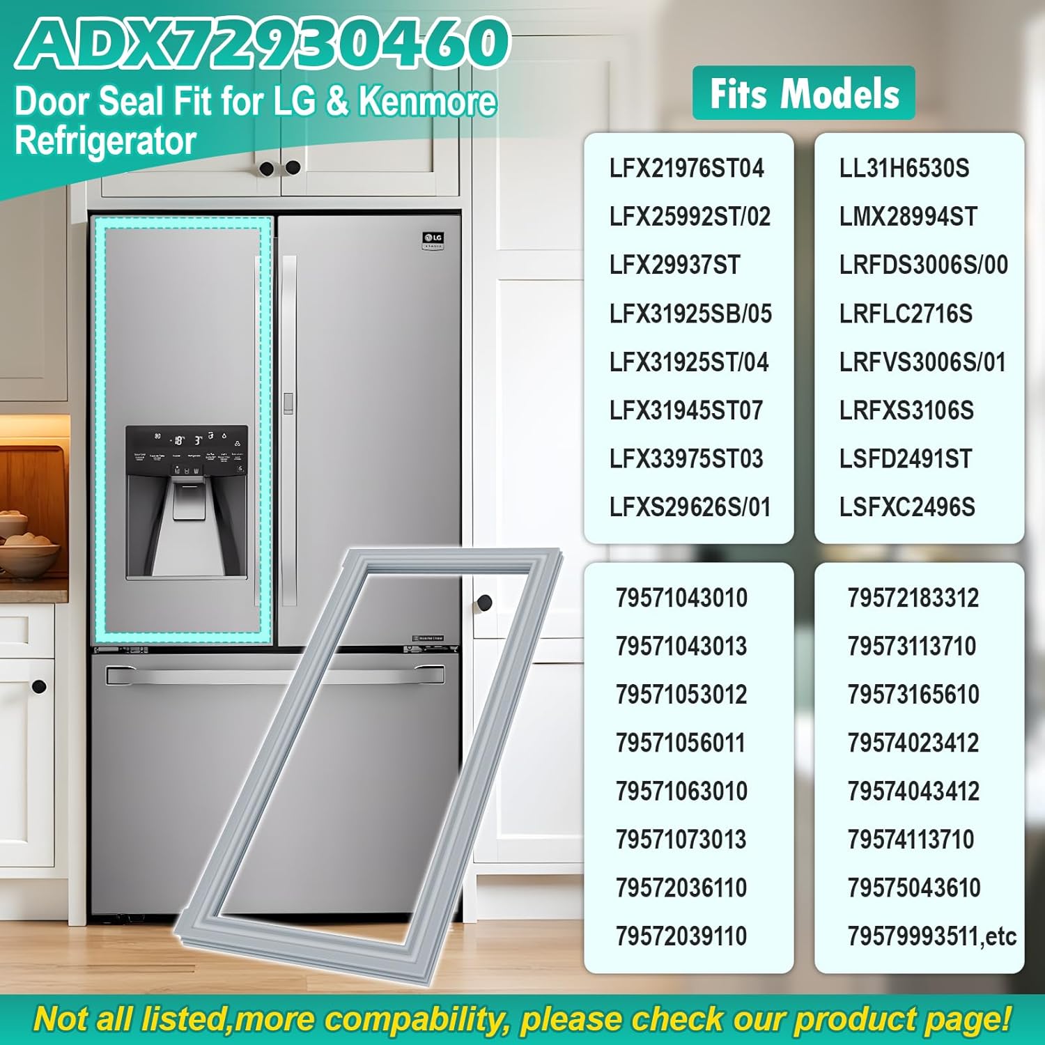 Upgraded ADX72930460 ADX72930401 Refrigerator Door Gasket (Left) Compatible with Kenmore & LG Refrigerator repalce ADX72930401, ADX72930413, ADX72930452 French Door Seal, Gray