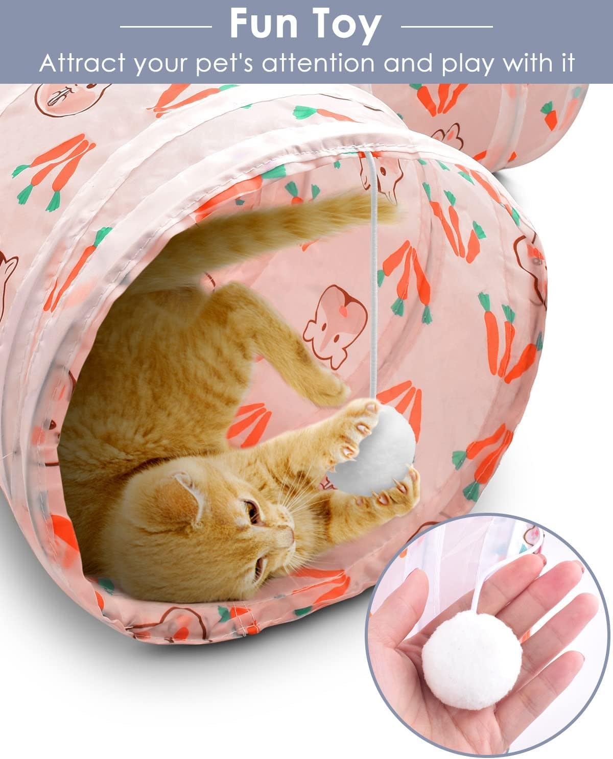 ERKOON 3-Way Rabbit Tunnel, Cat Tunnels & Tubes Collapsible, 25cm Pink Small Animal Pop-up Tunnel with Funny Pompon Maze House for Cats, Rabbits, Guinea Pigs, Hamster, Kitten, Puppy ect