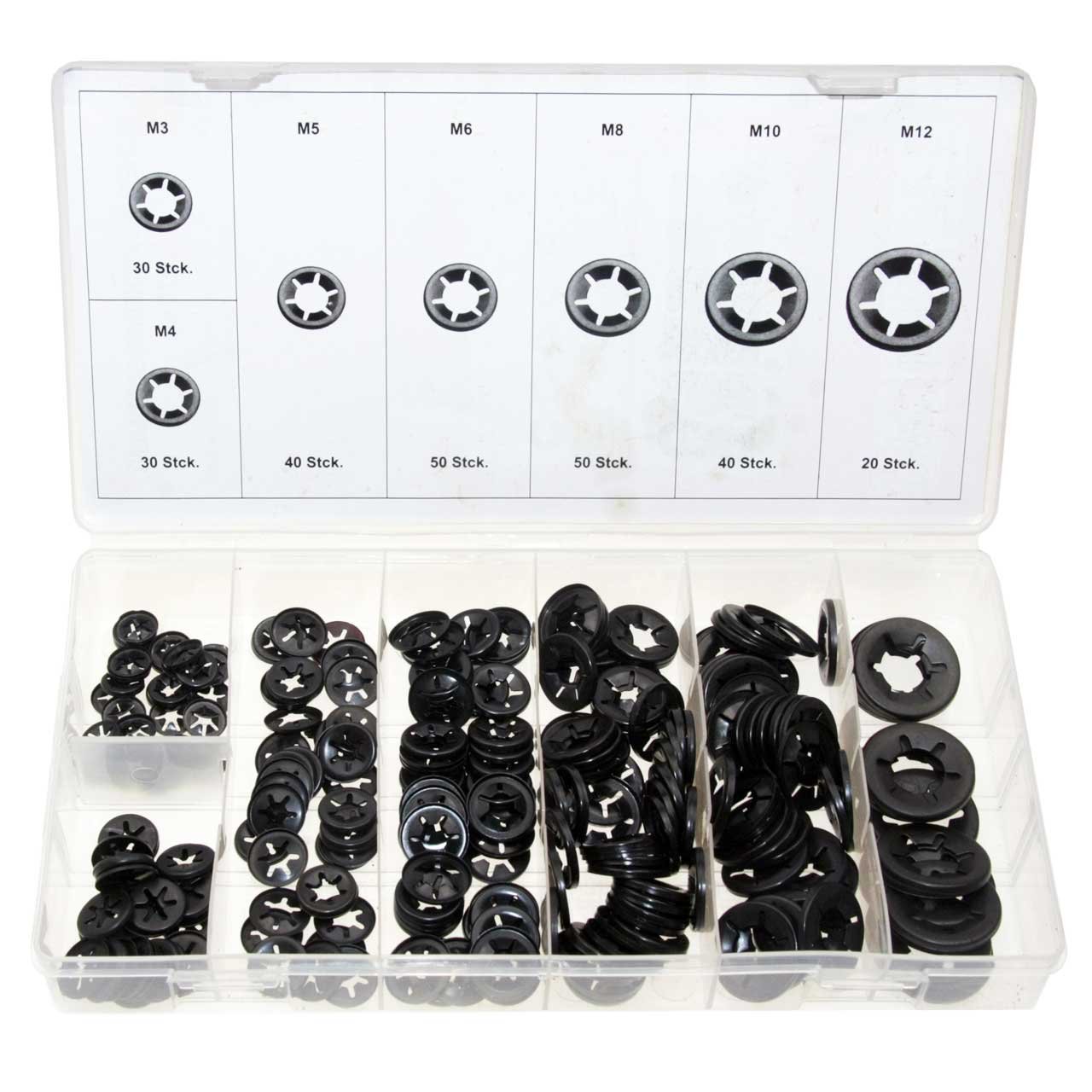 Fusibile dischi/anello di sicurezza Cassetta diverse dimensioni M3 M4 M5 M6 M8 M10 M12 Set di 260 pezzi (im Contenitore/scatola)