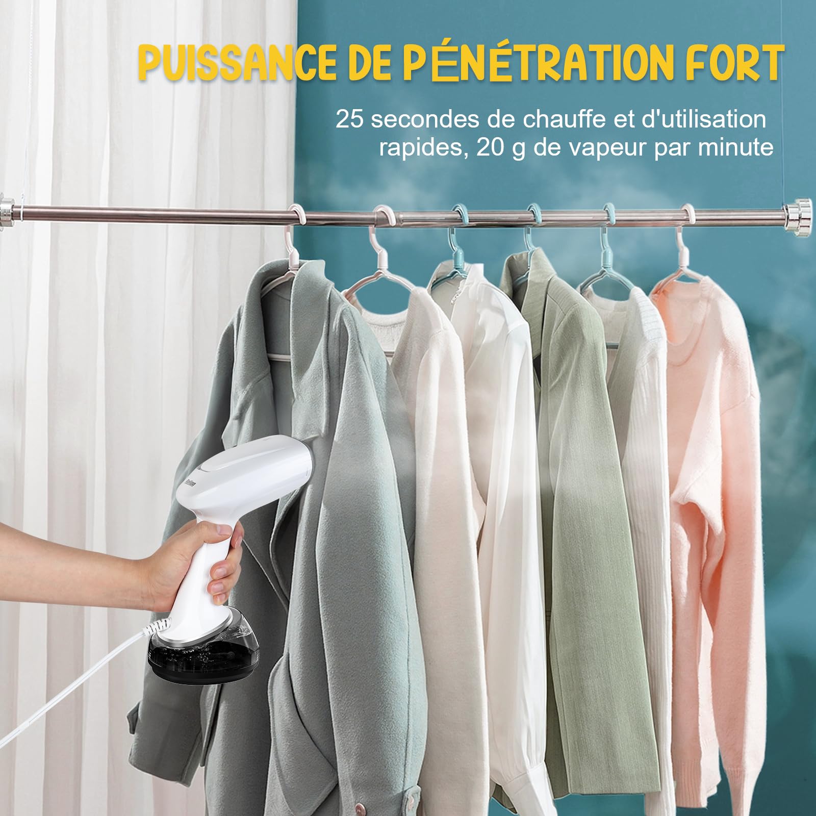 Rolipo Defroisseur Vapeur Vertical,1700W Défroisseur à Main Vertical Portable pour la Maison, le Bureau, les Voyages, Défroisseur à vêtements de voyage compact et portable, blanc