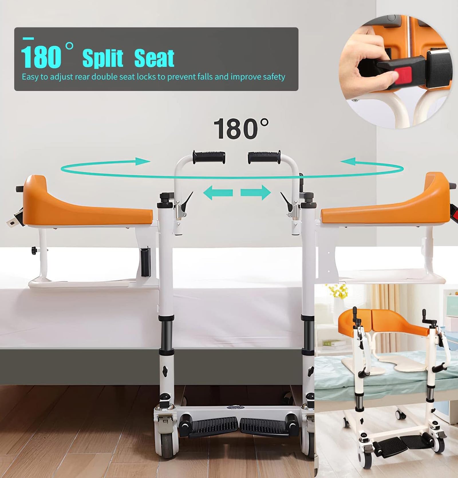 Generico Sedia da Trasferimento 5 in 1, Sedia a Rotelle, Comoda, Doccia e Deambulatore, Sedile Diviso a 180°, Telaio in Acciaio con Base ABS, Portata 200 kg
