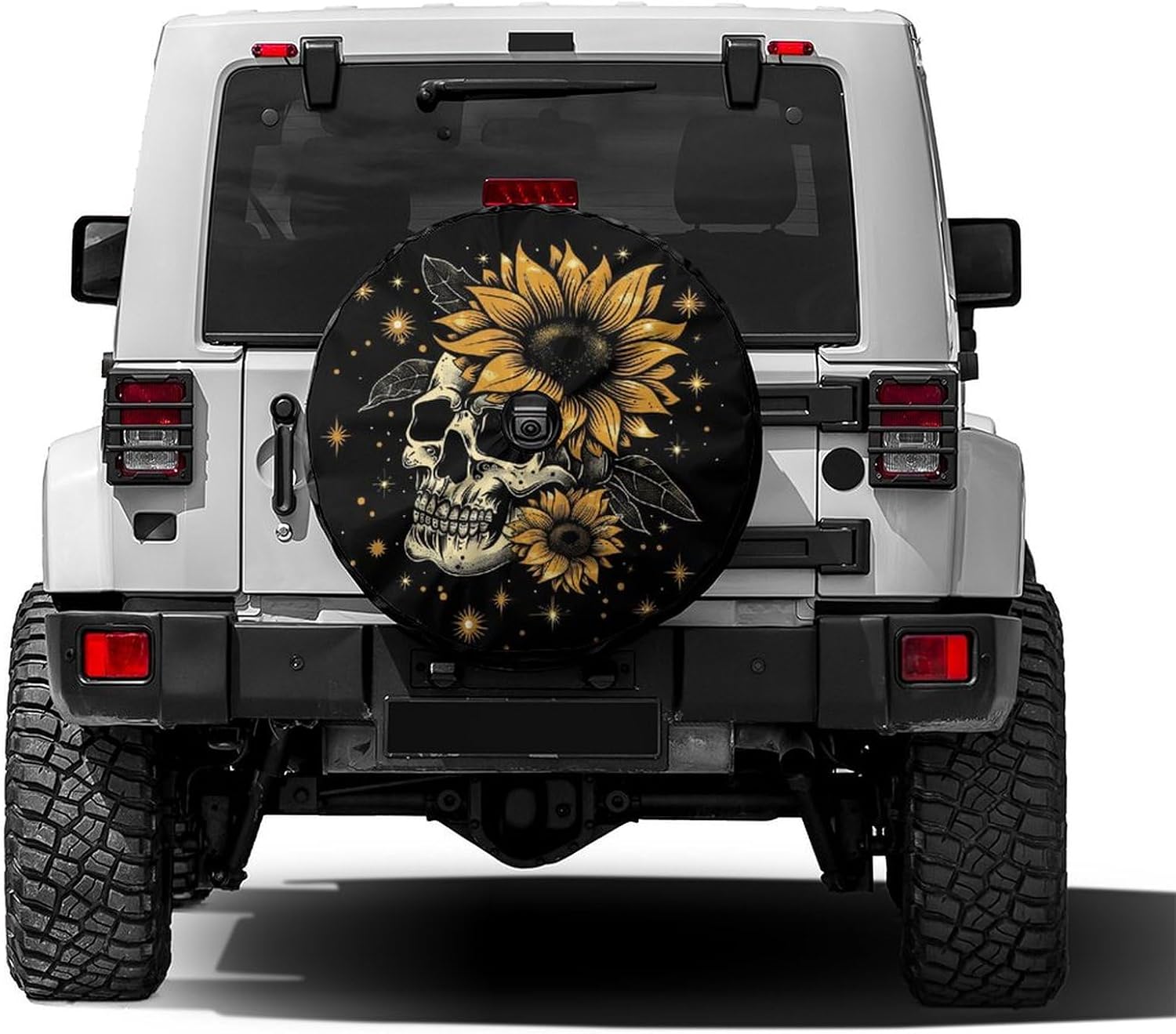 Skull and Sunflower Spare Tire Cover with Backup Camera Hole Wheel Tire Cover Fit Trailer, RV, SUV and Many Vehicle 17inch