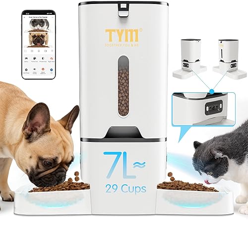 TYM Automatic Cat Feeder with 2 Camera for 2 Cats,7L Dog Automatic Feeder with Night Vision 2K 4MP 5G WiFi Dual Cat Feeder with Smart App Two Way Audio Privacy Masking Stainless Steel - Dual Bowls