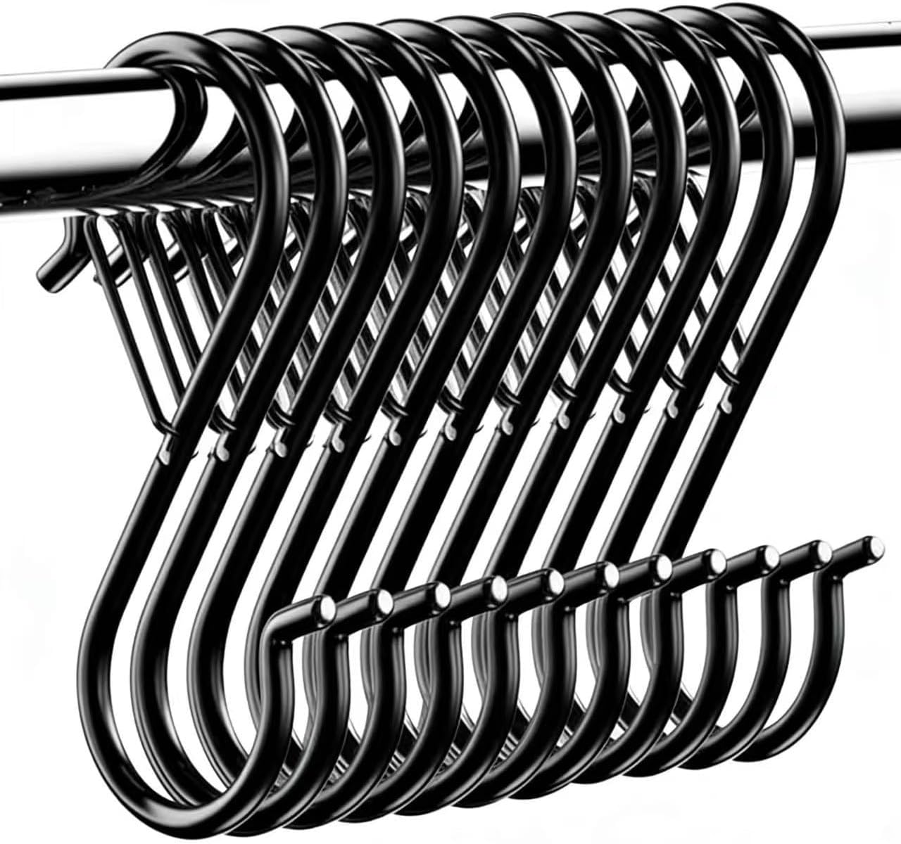 10 Pack S Hooks for Hanging with Safety Buckle, 3-1/2 Inch Heavy Duty Metal S Shaped Hooks for Kitchen Utensil, Cups, Pots, Plants, Bags, Hats (Black)