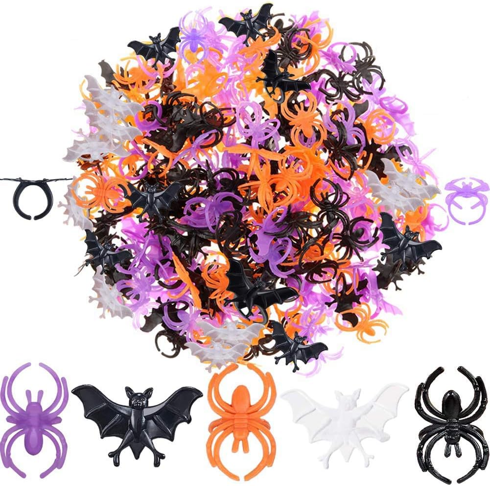 Halloween Spider Rings Bat Ring 150 Pcs, Fake Plastic Glow-in-The-Dark Women Finger Bat Ring Trick or Treat Toy Gifts for Kids Costume Accessories Cupcake Topper Party Decoration Black Purple Orange