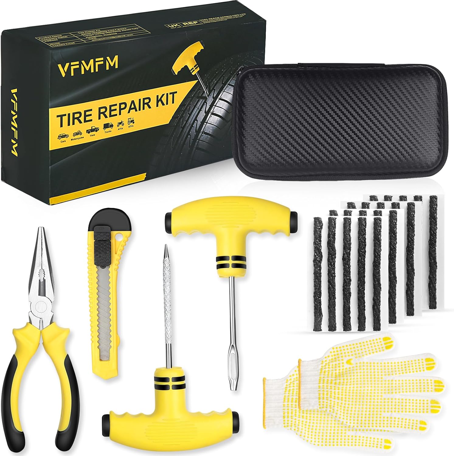 VFMFM Tyre Repair Kit – Car Tyre Puncture Repair Kit – Emergency Fix Puncture for Car, Motorcycle, Truck, Van, ATV, Tractor & More – Tubeless Tyre Repair Kit with 20 Strings and Storage Case VFMFM Tyre Repair Kit – Car Tyre Puncture Repair Kit – Emergency Fix Puncture for Car, Motorcycle, Truck, Van, ATV, Tractor & More – Tubeless Tyre Repair Kit with 20 Strings and Storage Case