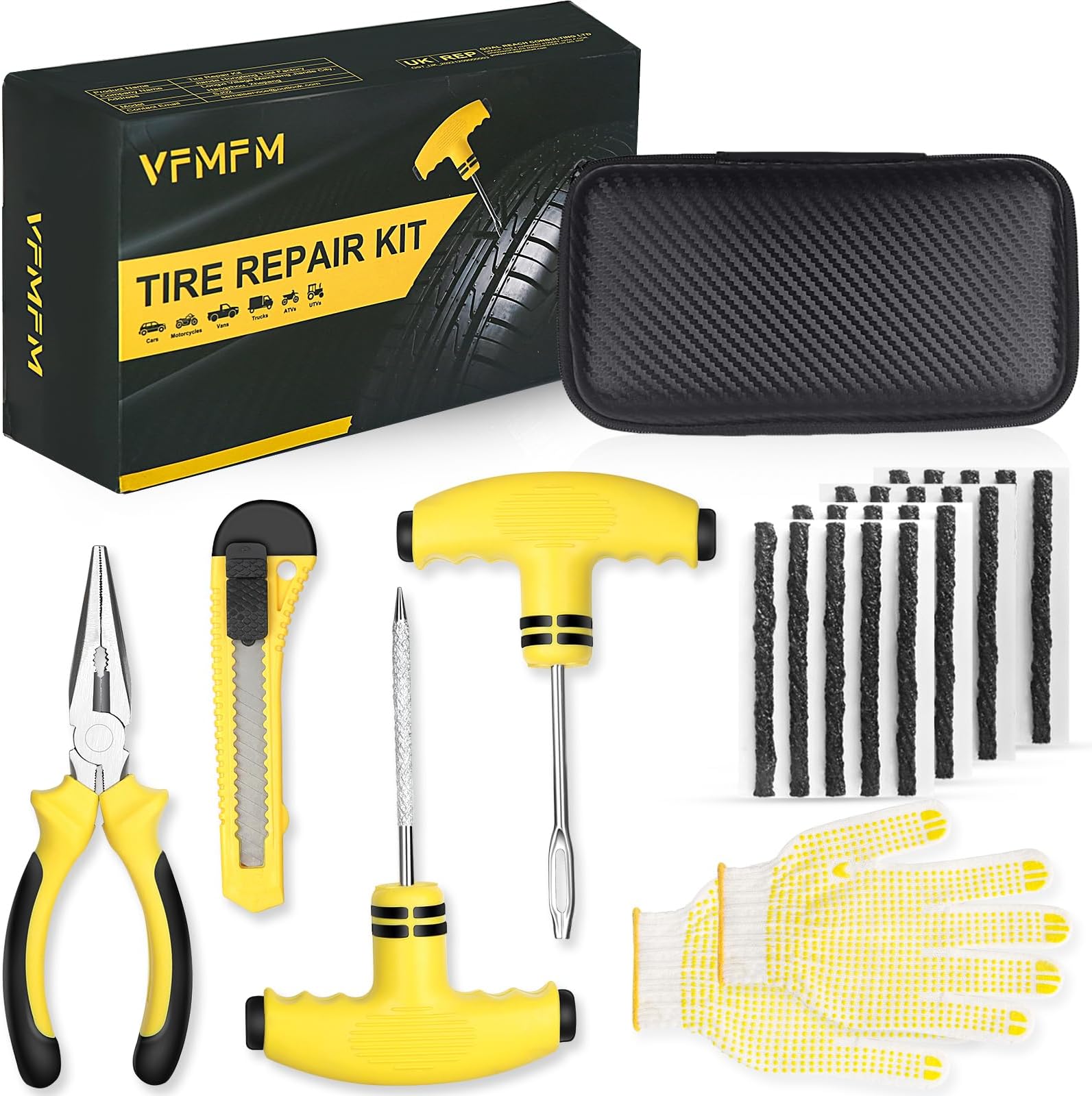 Tyre Repair Kit - Car Tyre Puncture Repair Kit - Emergency Fix Puncture for Car, Motorcycle, Truck, Van, ATV, Tractor & More - Tubeless Tyre Repair Kit with 20 Strings and Storage Case