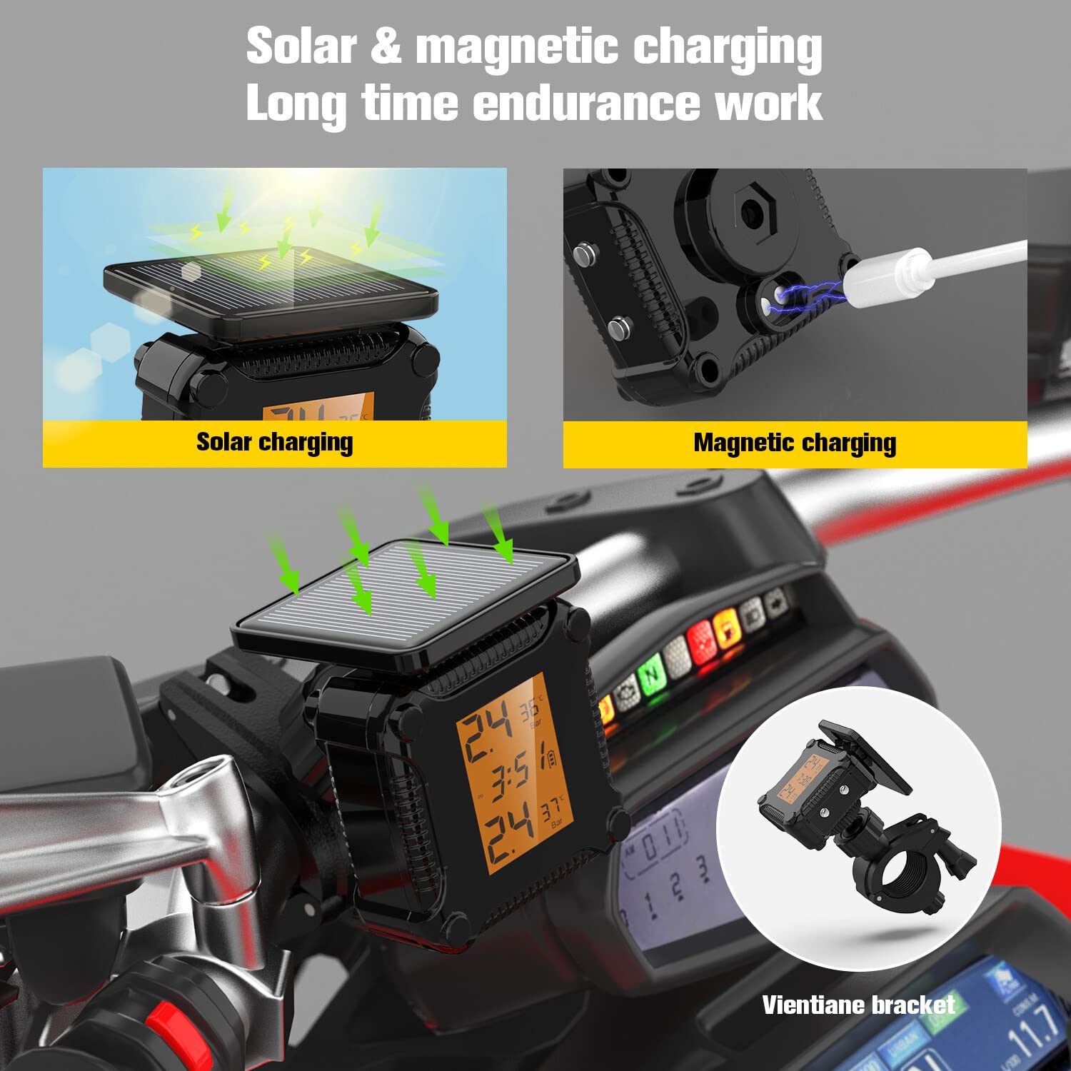 KT-M10 Solar USB TPMS – Wireless Tire Pressure Monitoring System For Motorcycles (2 External Sensors)