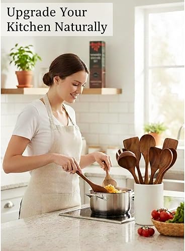 Miniatura 5 de Juego de utensilios de madera de teca 100% natural, 10 cucharas de cocina duraderas para cocinar, antiadherentes y resistentes al calor, ecológico y