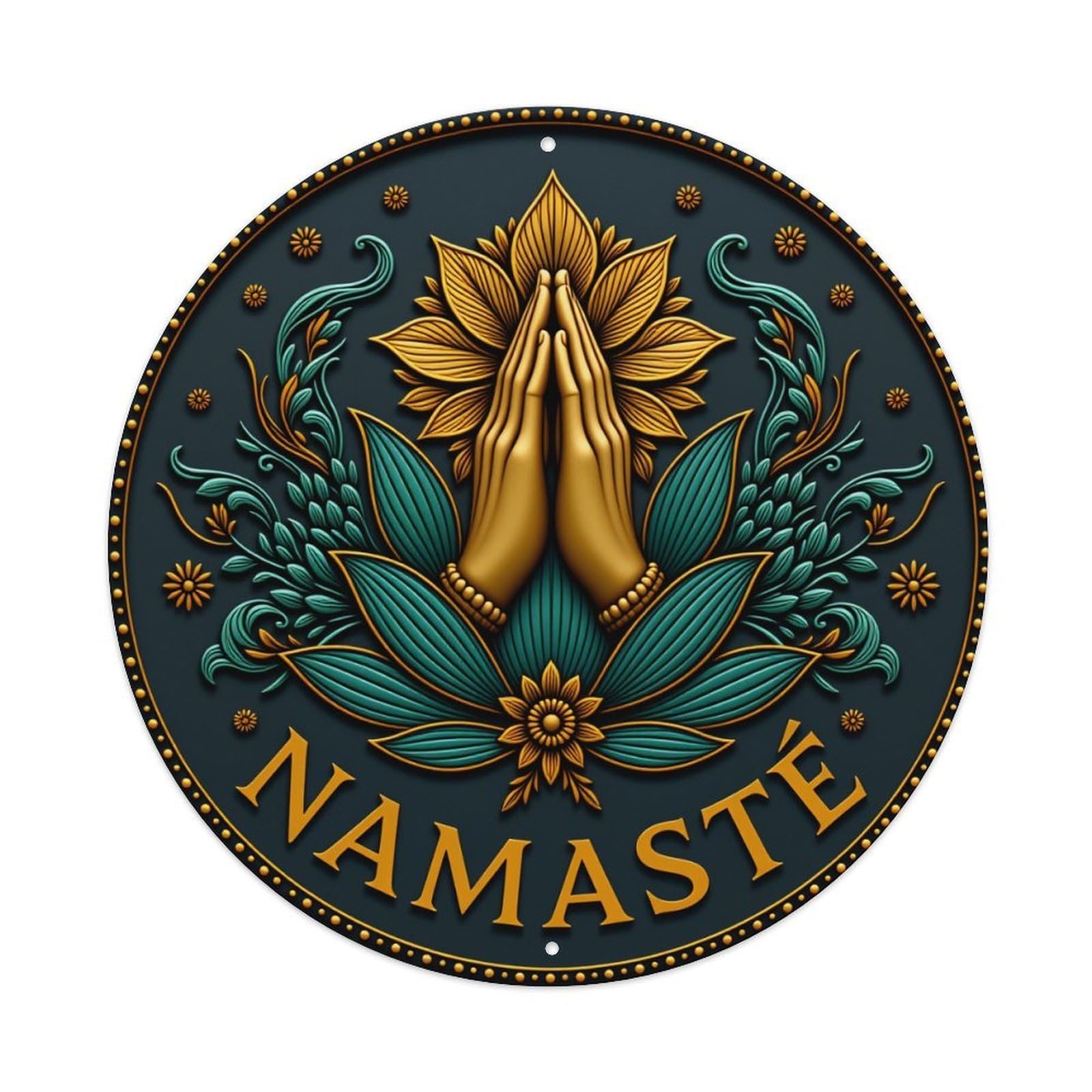 Golden Hands Lotus Floral Design Namaste Round Tin Sign Vintage Style Metal Sign Home Bar Garden Wall Plaque Decor Metal Poster 8x8 Inch