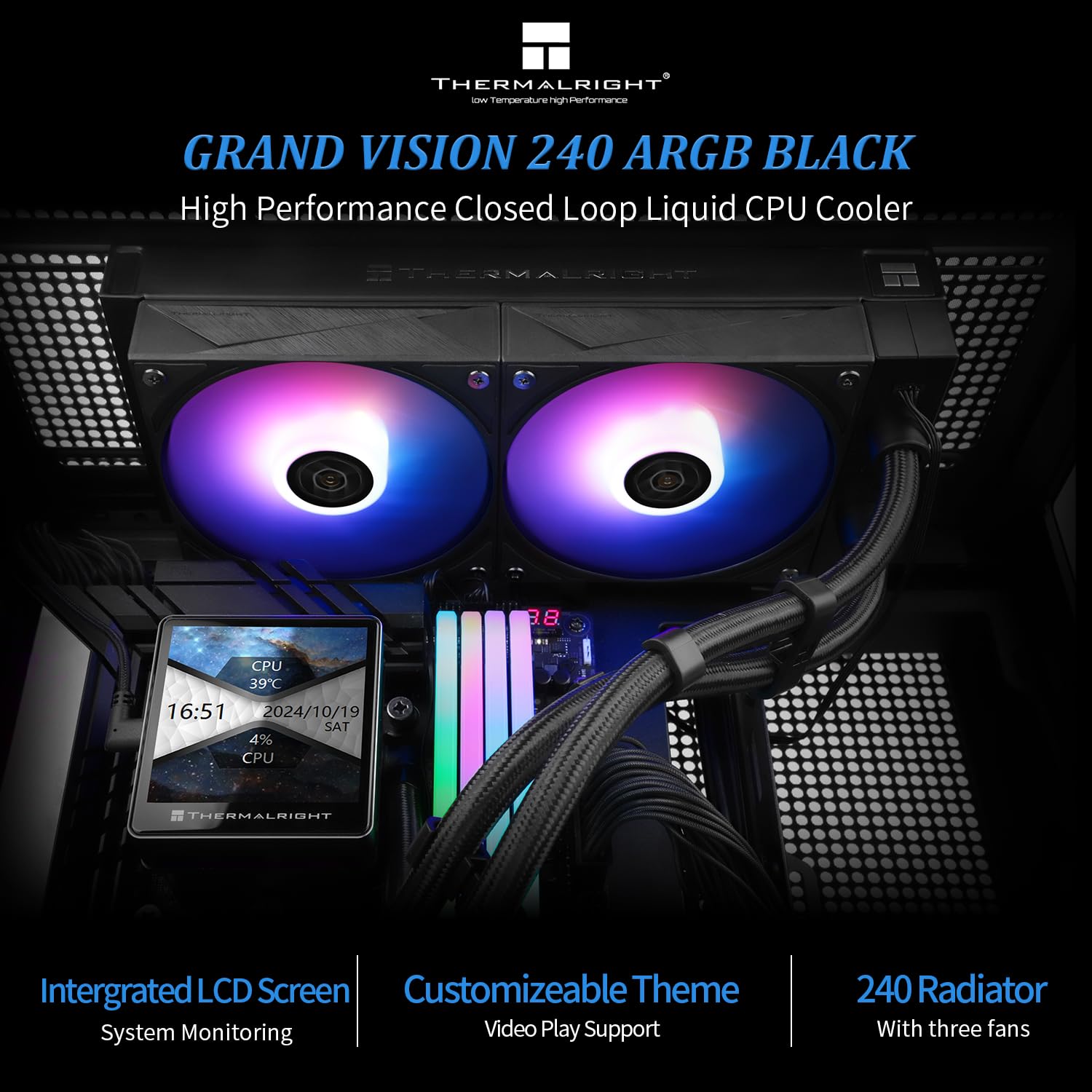 Thermalright Frozen Warframe 240 Black ARGB – Dissipatore A Liquido Per CPU Con Display LCD IPS 320x240, 2 Ventole PWM 2000 RPM, Compatibile AM4/AM5/Intel