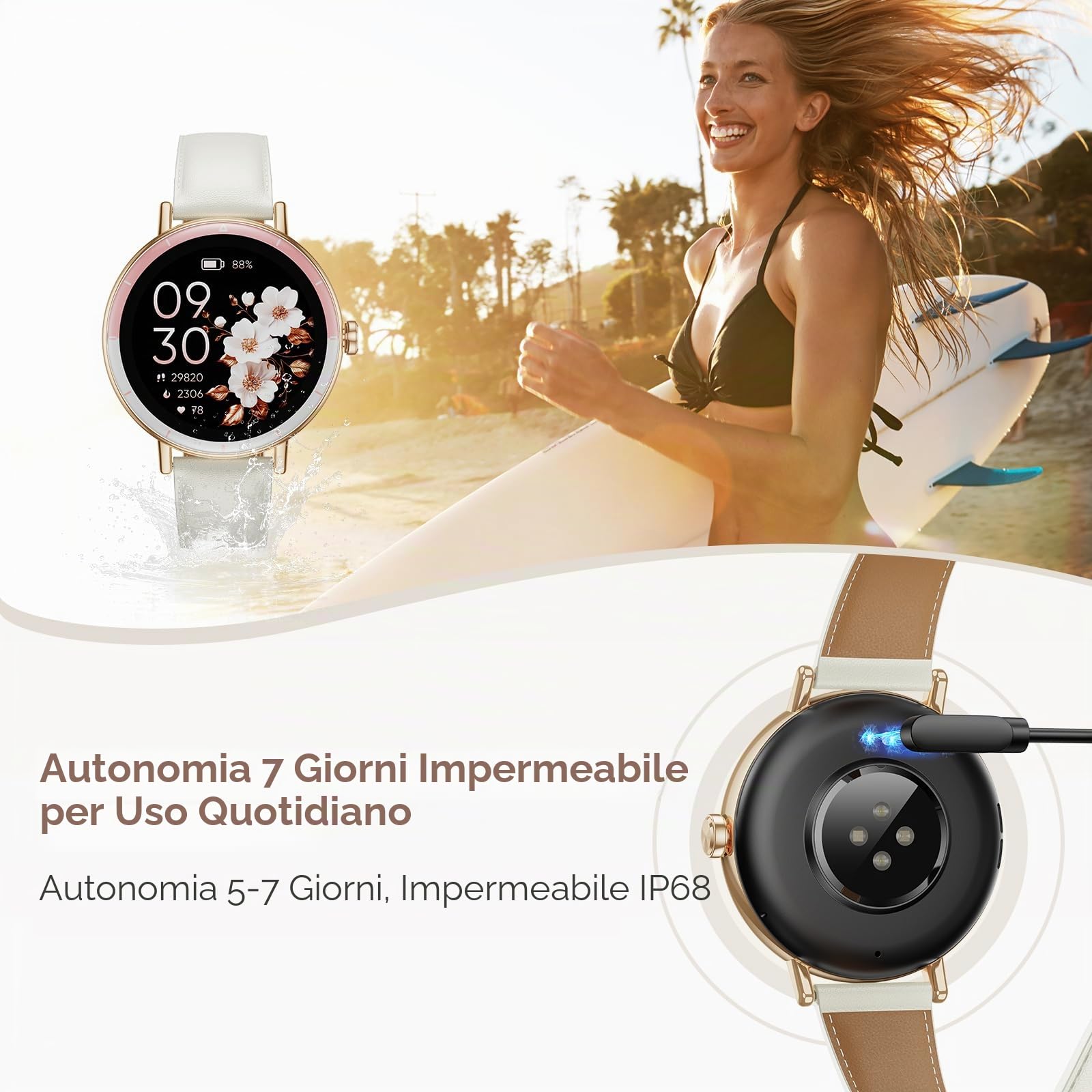 Smartwatch Donna, 1,27'' HD Orologio Smartwatch Piccolo Rotondo con Cardiofrequenzimetro/SpO2/Sonno/Ciclo Mestruale, 100+ Modalità Sportive/Contapassi Smart Watch per Android iOS, Rosa/Avorio