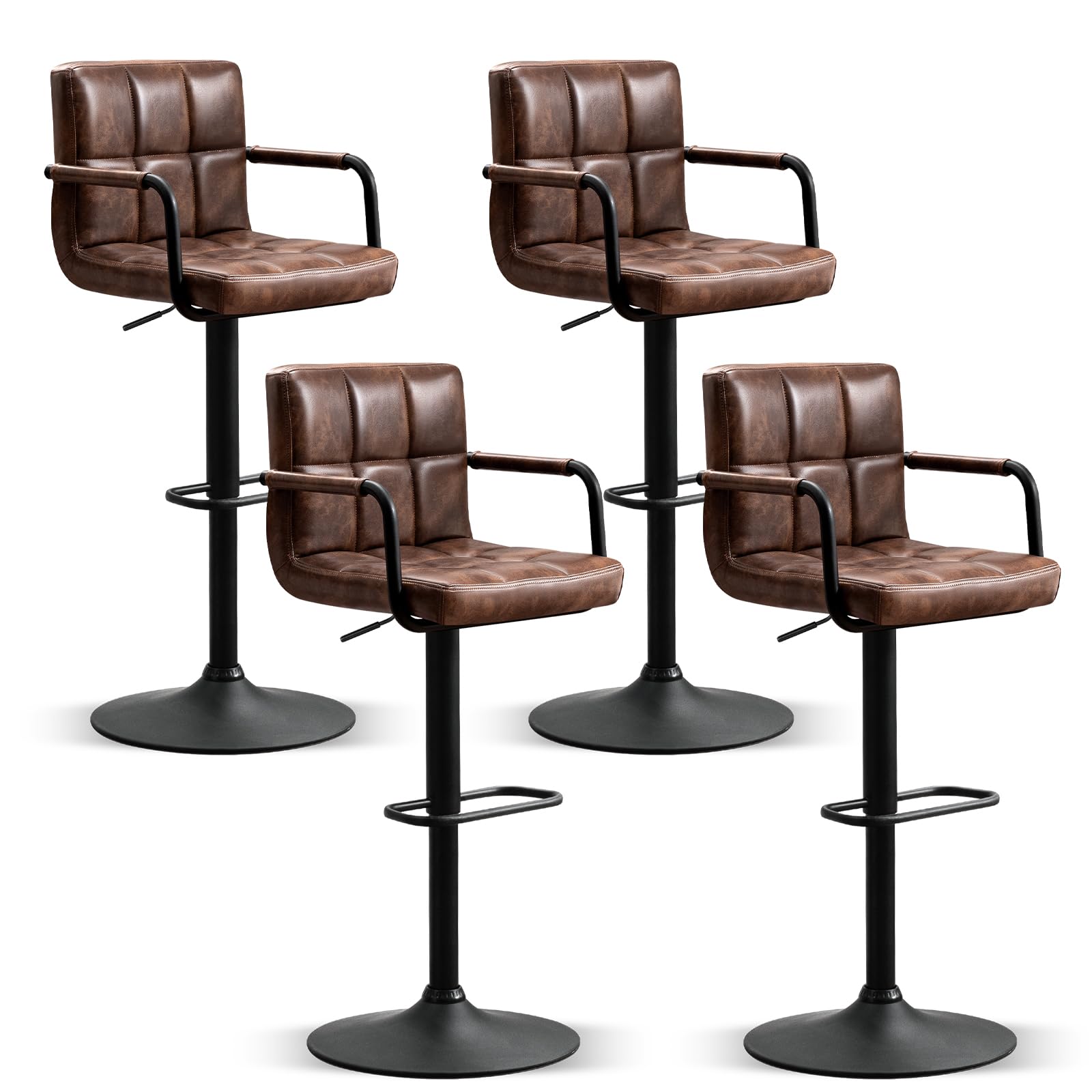 Furniliving Swivel Bar Stools Set of 4, Adjustable Kitchen Counter Height BarStools with Arms, PU Leather Upholstered Bar Chair with Back and Footrest