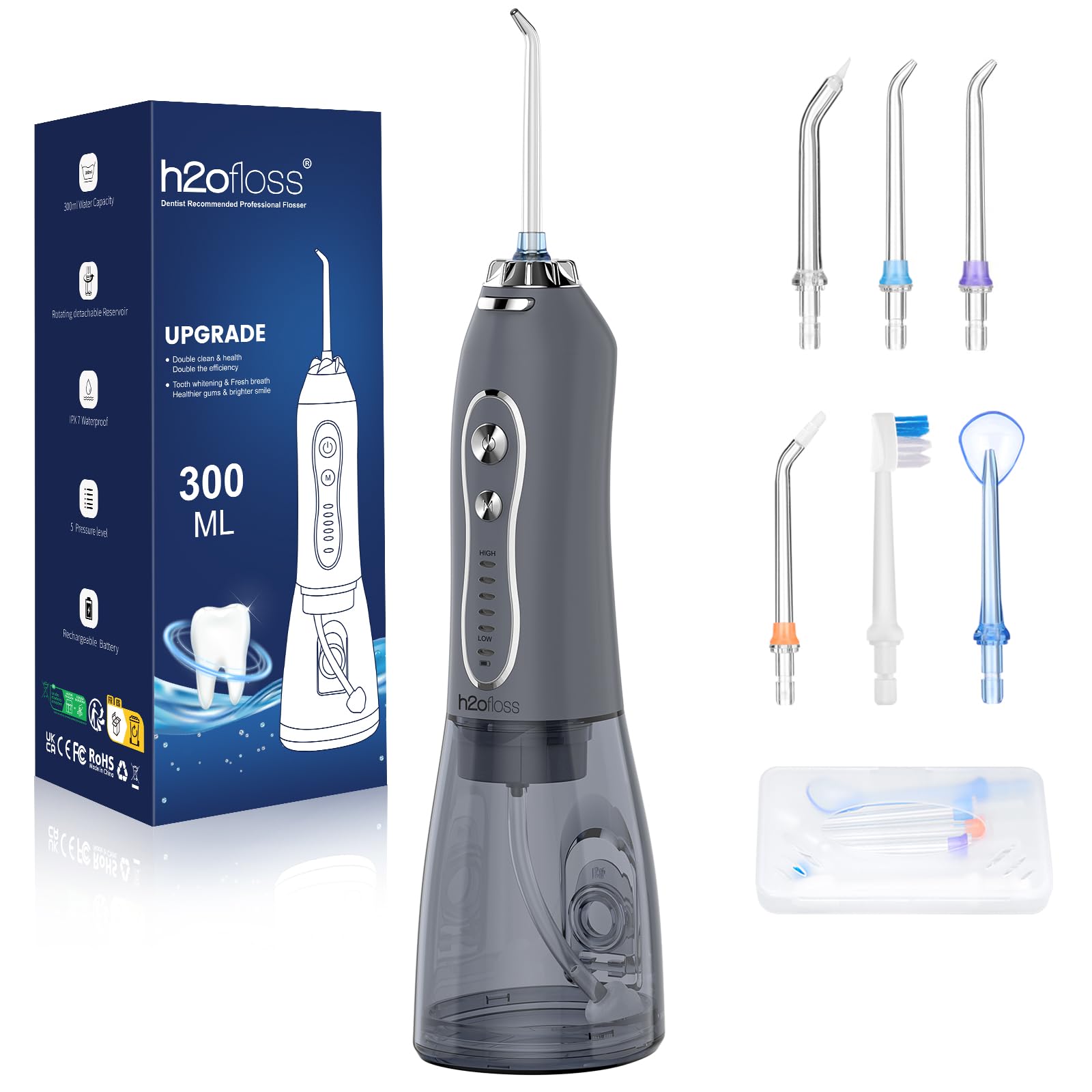 H2ofloss Water Dental Flosser Teeth Pick -Portable Oral Irrigator with 5 Modes, Rechargeable IPX7 Waterproof Orthodontic Teeth Cleaner Pick Cordless for Home Travel-300ml Water Tank (Grey)-image-20