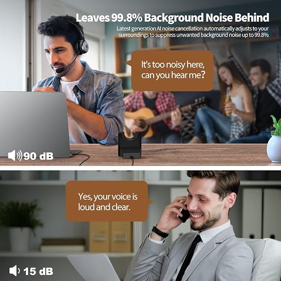 TECKNET Wireless Headset for Work, 40Hrs Worktime AI Noise Cancelling Computer Headphones with Charging Base, Bluetooth Headset with Mic & USB Dongle for PC/Laptop/Call Center