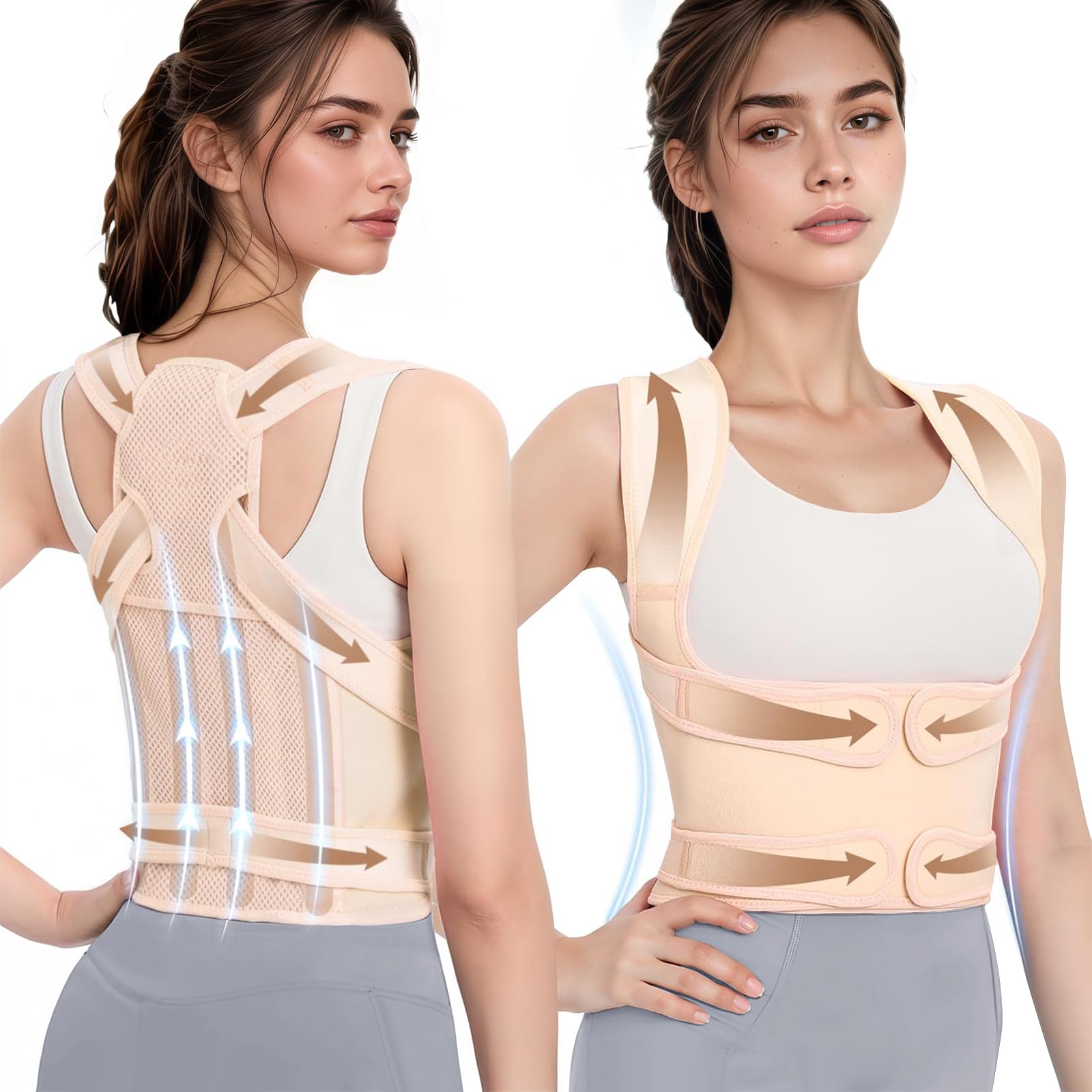 Rücken Geradehalter, Schultergurt Haltungskorrektur Damen und Herren, Atmungsaktiv und Verstellbar Rückenstütze die Taille, für lange Büroarbeit, Studium und Sport (Beige, M)