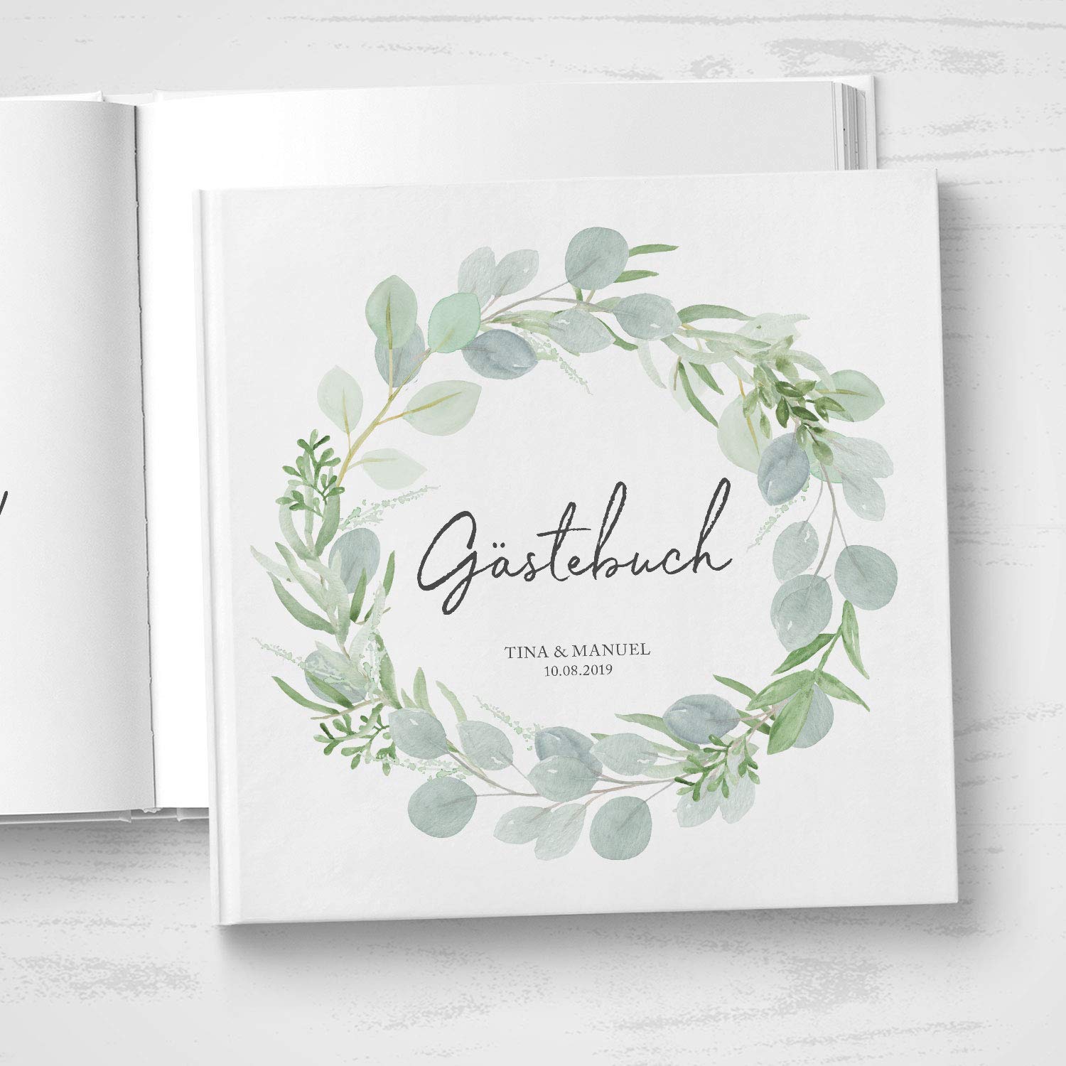 Gästebuch Hochzeit - personalisiert - Hochzeitsgästebuch, Hardcover 21x21 cm (Inhalt mit weißen Seiten, Eucalyptus Green Love)