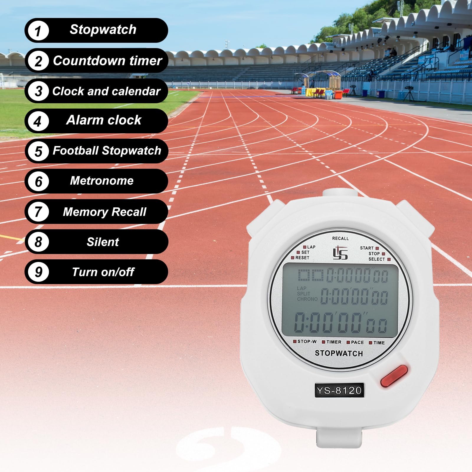PATIKIL Chronomètre de sport minuteur 120 tours de mémoire, 0,01 seconde, chronomètre, réveil, pour entraîneur, arbitre, natation, course à pied, blanc