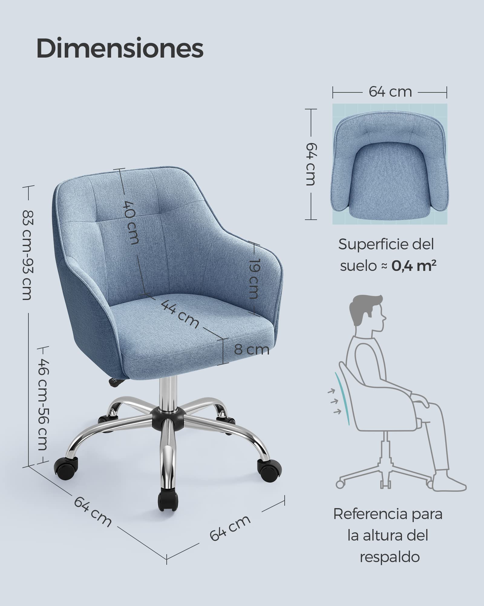 SONGMICS Silla de Estudio, Silla Giratoria, Altura Ajustable, Carga de 110 kg, Marco de Acero, Tela de Algodón-Lino Transpirable, para Estudio, Dormitorio, Azul OBG019Q01