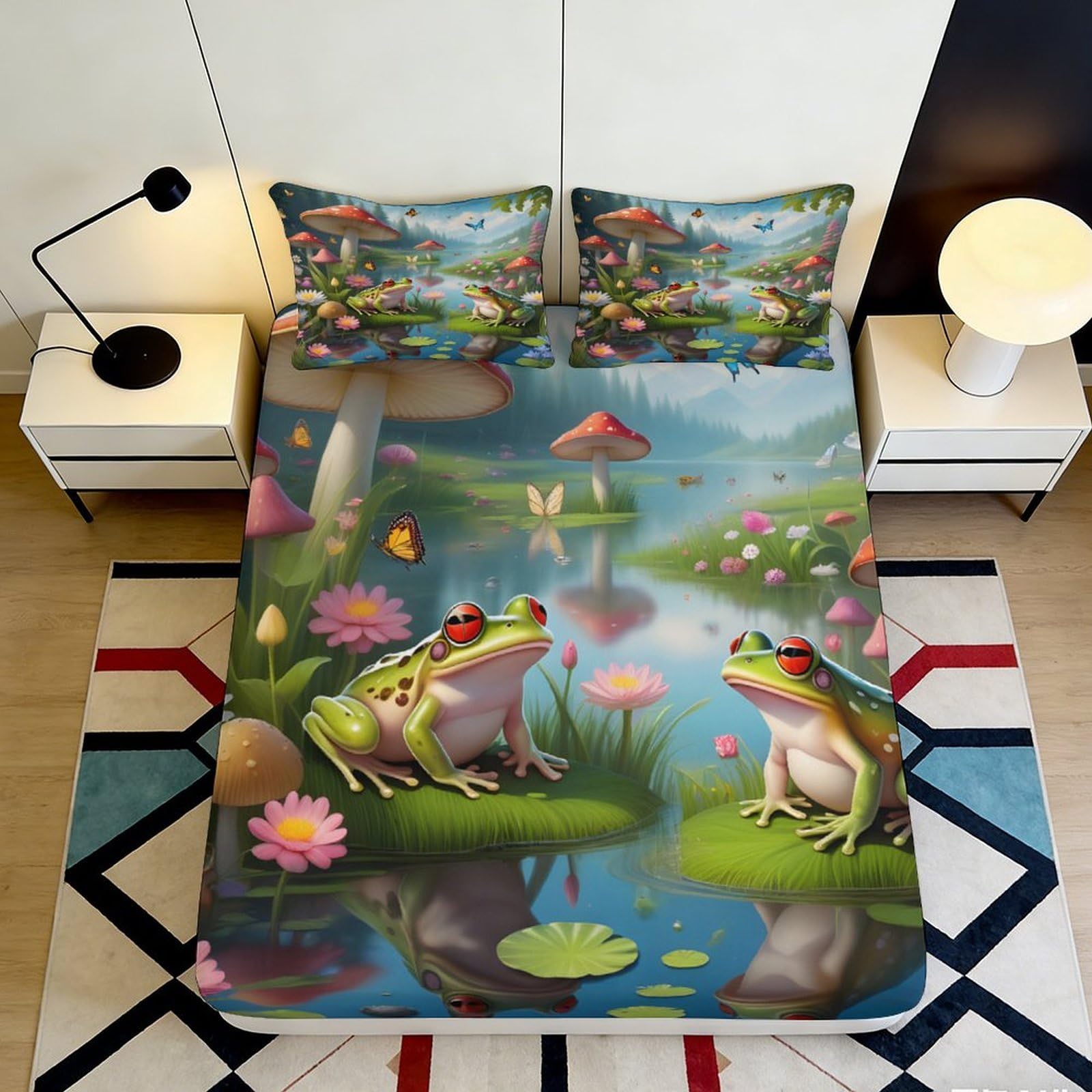 3D Printed Frog Pond Fitted Sheet Microfiber Anti-Slip Mushroom Lake Mattress Cover for Bedroom Dorm Easy Care 90x200x25cm