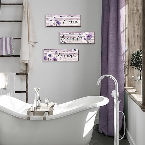 Miniatura 6 de ONIZHITY 3 piezas de decoración de pared de madera con margaritas moradas, citas positivas, arte de pared inspirador para niñas, decoración de