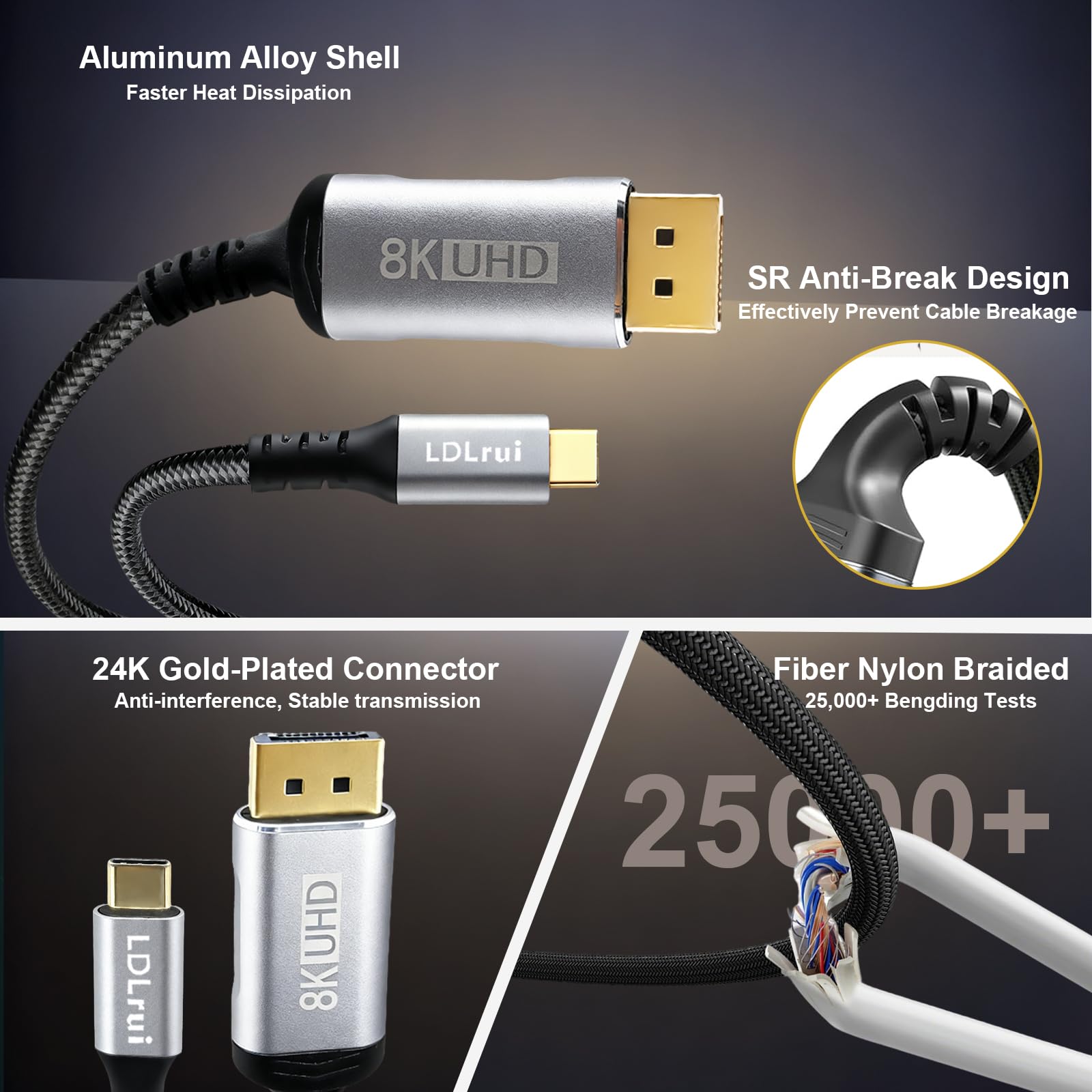 LDLrui Câble bidirectionnel DisplayPort vers USB C de 1,5 m, pour moniteur PC DP vers USB-C ou MacBook, Galaxy S24 vers écran DP, 8K @ 60 Hz 4K @ 240 Hz, compatible Thunderbolt 4/3 et USB4, nylon