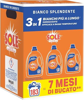 Sole Detersivo Lavatrice Bianco splendente 183 Lavaggi, Formula igienizzante, Detersivo Lavatrice Liquido Bianco Splendente, rimuove le macchie a basse temperature