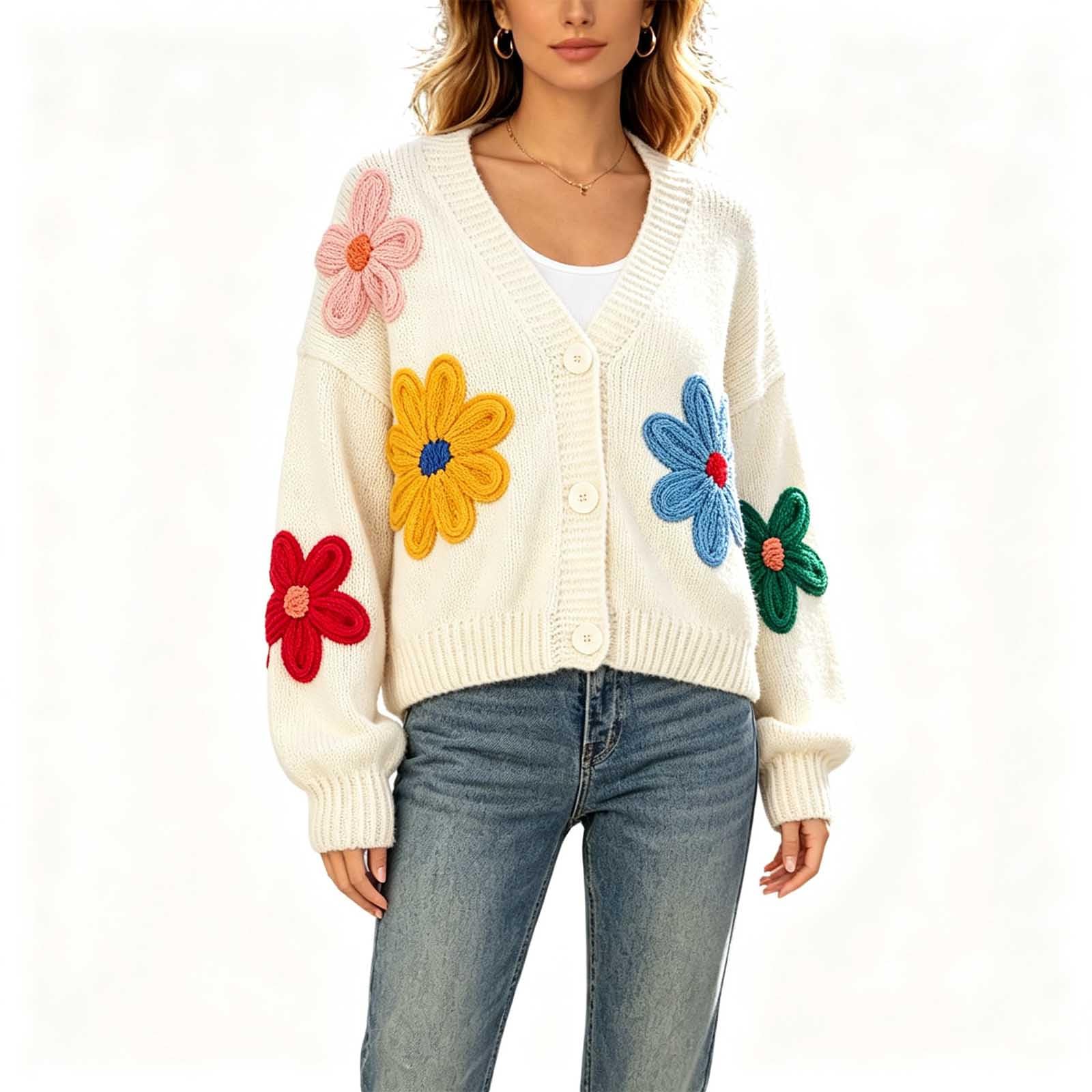 Strickpullover Damen Kurz Strickjacke Bestickt Pullover Elegant Pulli