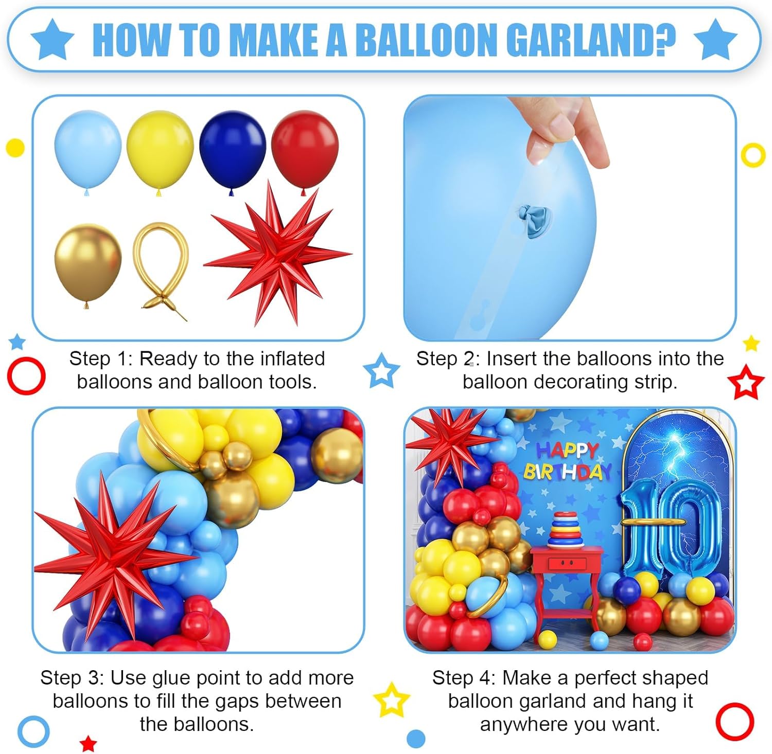 Red Blue Yellow 10th Birthday Balloons Arch, Royal Blue Metallic Gold Balloon Garland Kit, Red Star Foil Blue Number 10 Balloon Tower for 10 Year Old Kids Boys Birthday Baby Shower Party Decorations - Image 8