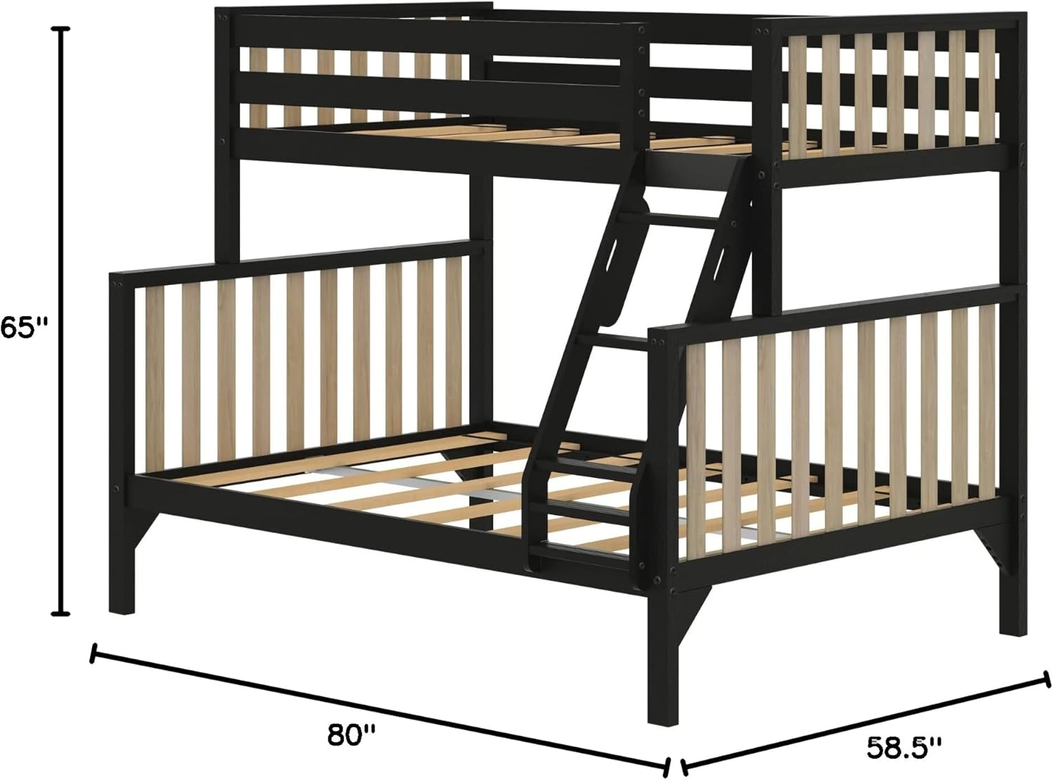 Max & Lily Bunk Bed, Scandinavian Modern Bunk Bed, Solid Wood Twin Over Full Bed Frame for Kids, No Box Spring Needed, Black/Blonde