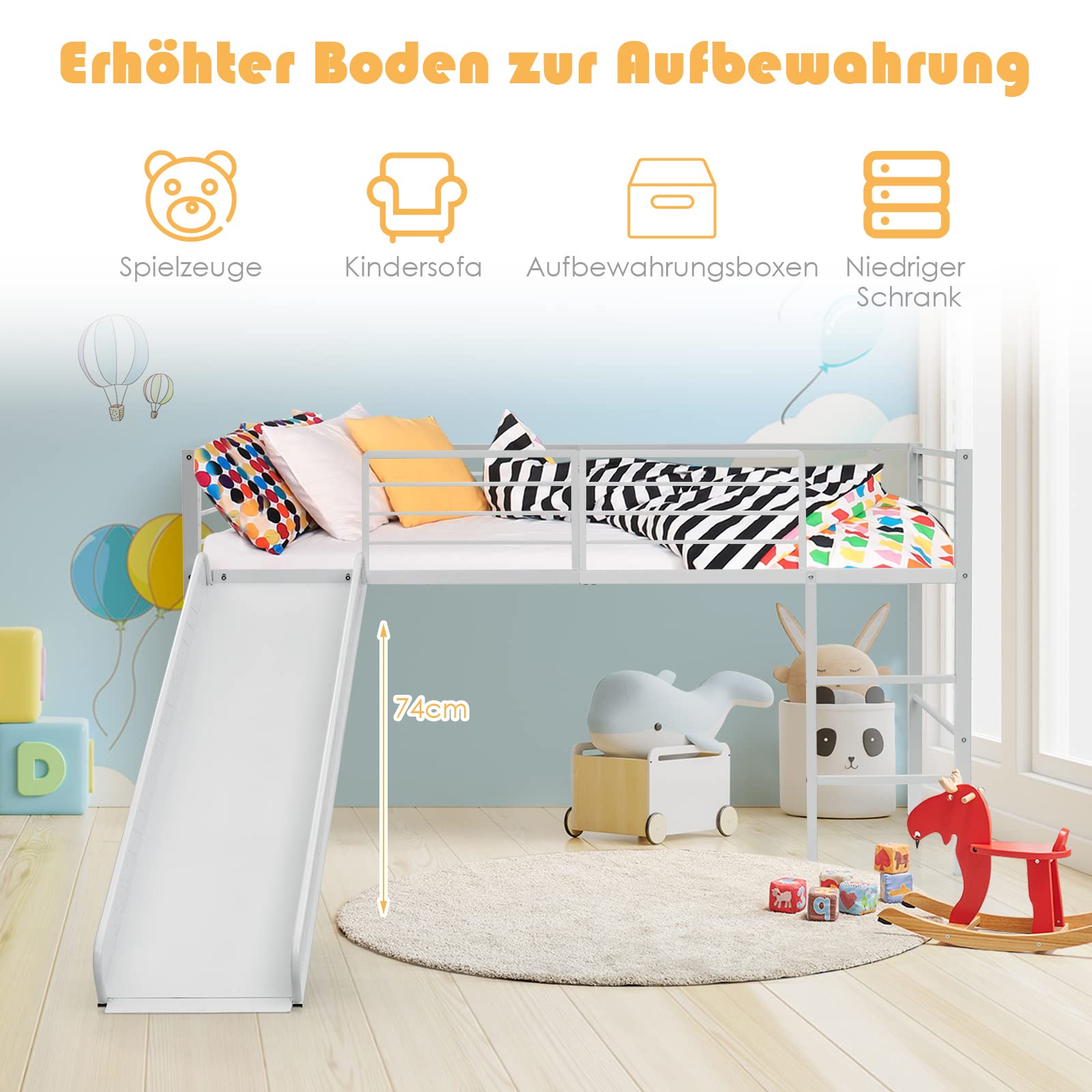 COSTWAY Hoogslaper met glijbaan en ladder, kinderbed met lattenbodem en