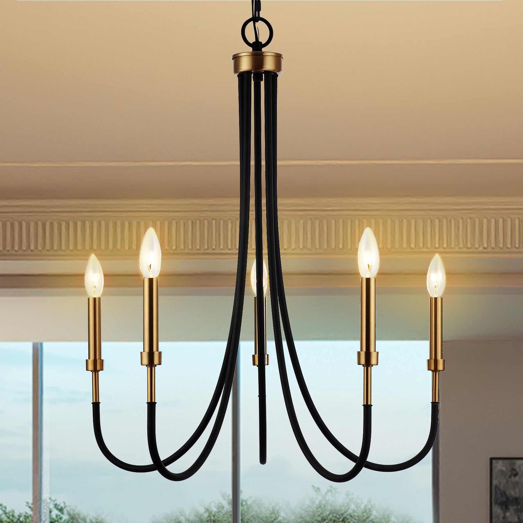 5 Light Modern Chandelier Light Fixture Black and Muted Gold Farmhouse Island Lighting for Kitchen Dining Room Large