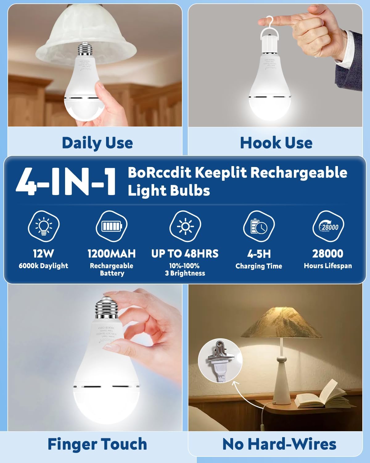 BoRccdit KeepLit 6 Pack Emergency Rechargeable Light Bulbs, 48H Long Lasting & 3 Brightness Battery Light Bulb,12W 5000K Battery Backup Emergency Lights for Home Power Failure,Hurricane Supplies