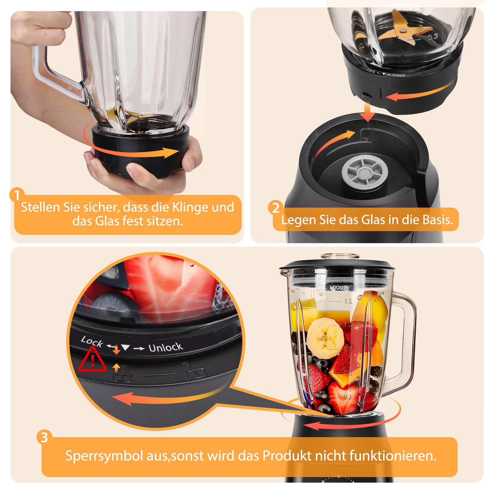 Aigostar Swift - Standmixer und Smoothie Maker, 1.5 Liter Glasbehälter, Titanbeschichteten Klingen, Ice Crush Funktion, 2 Geschwindigkeiten + Pulse, Spülmaschinenfeste Teile, 800W, Schwarz