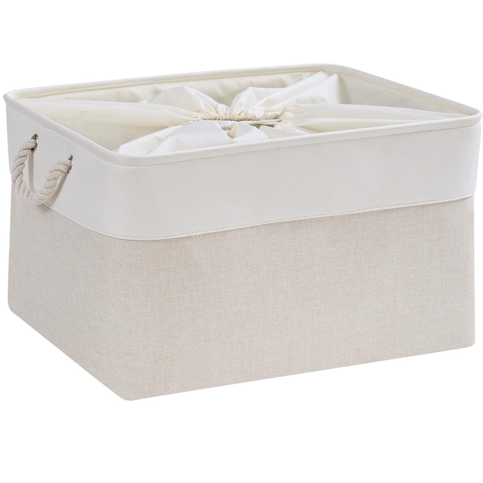 Mangata Stoff Aufbewahrungsbox,Waschbare Aufbewahrungskörbe mit Kordelzug für Spielzeug Kleidung Zuhause Regale(Hellbeige/Weiß, Extra groß, 1 Set)