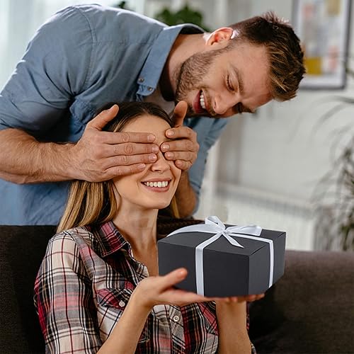 Miniatura 4 de Paquete de 12 cajas de regalo con tapas, cajas de regalo negras a granel con cinta de lazo blanco, caja de propuesta de dama de honor para regalos,