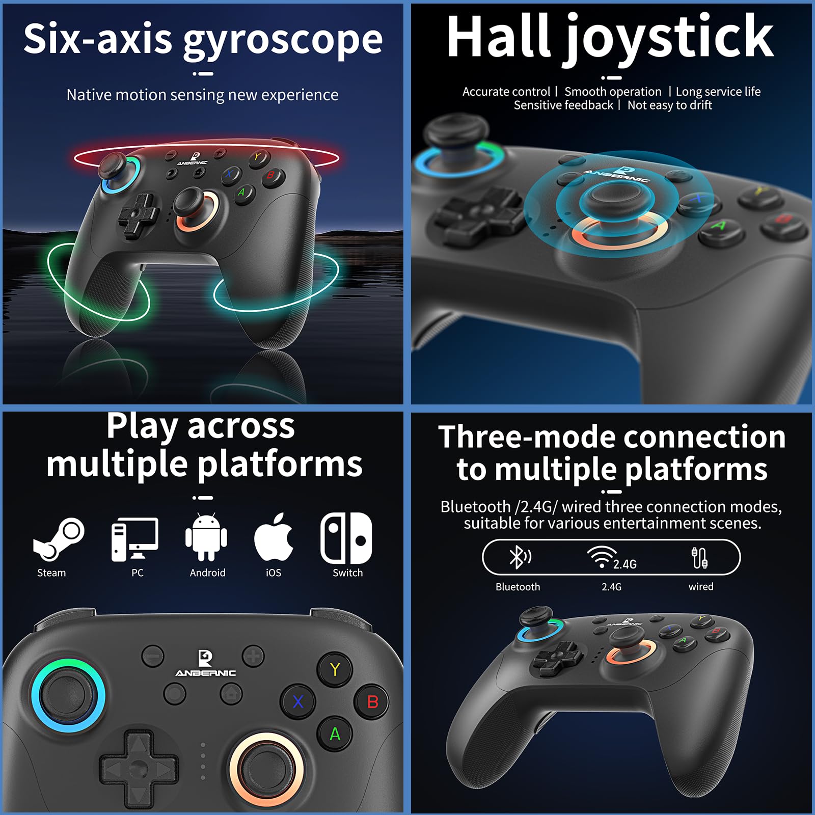 RG P01 Manette de jeu sans fil RG P01 Manette de jeu pour PC Plug and Play Manette de jeu avec effet Hall/déclencheurs Joystick RG P01 Manette de jeu Switch/PC/Steam/Android/iOS (Noir)