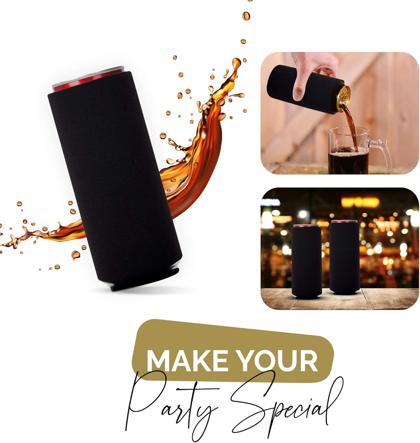 Slim Can Cooler Sleeves 12 Pack– Blank Foldable Neoprene 12oz Can Insulators – Skinny Beverage Coolers for Beer & Soda – Sublimation-Ready (Black) - Image 3