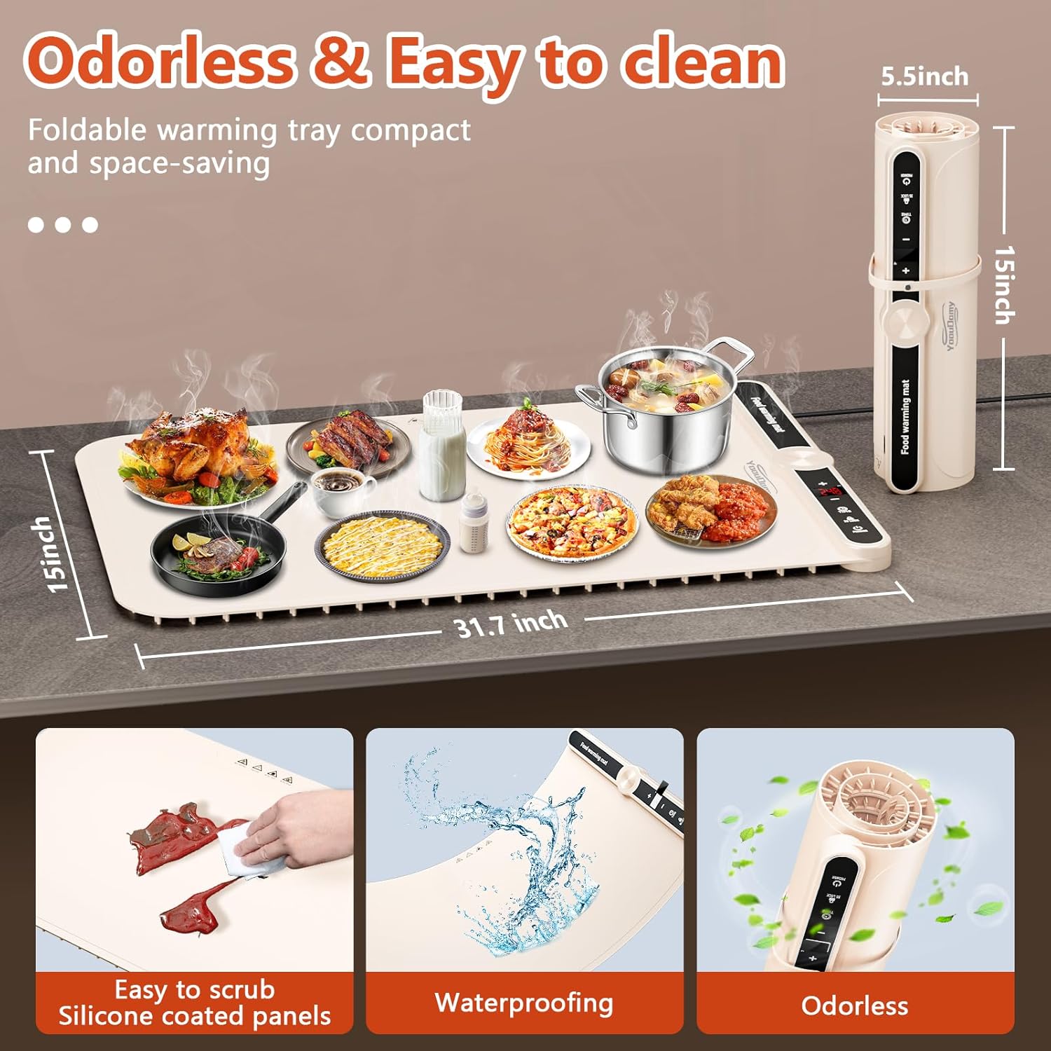 Warming Mat for Food Extra Large - Food Warming Mat, 31.7"x15" Heating Mat for Food with 9 Temperature Settings and 6H Timer, Full Surface Heating Warming Tray for Parties Daily Use(Beige)