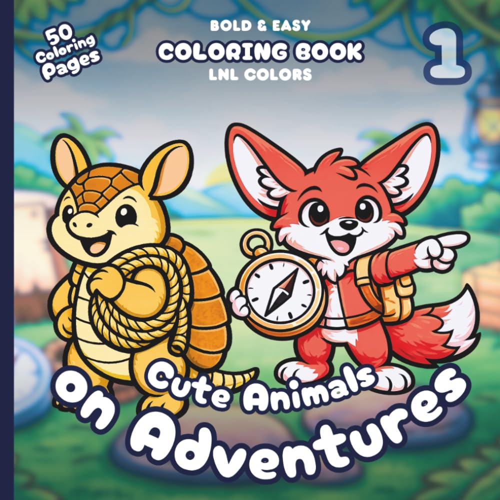 Cute Animals on Adventures 1 — Bold and Easy Coloring Book for All Ages: 50 Coloring Pages of Brave and Adorable Animals with Backgrounds