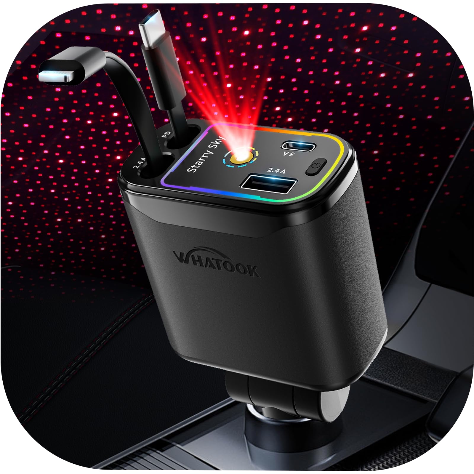 Chargeur automobile USB C rapide 66W WHATOOK avec câble rétractable et LED - 8