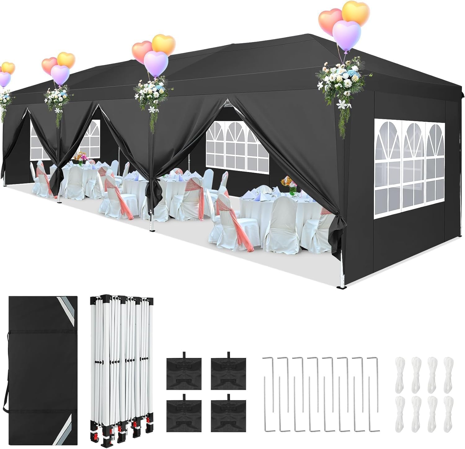 COBIZI 10x30 Pop Up Canopy Tent with 8 Sidewalls Party Tents for Parties Wedding Backyard Waterproof Outdoor Commercial Canopy Event with Stakes, Ropes, Sandbags, Black