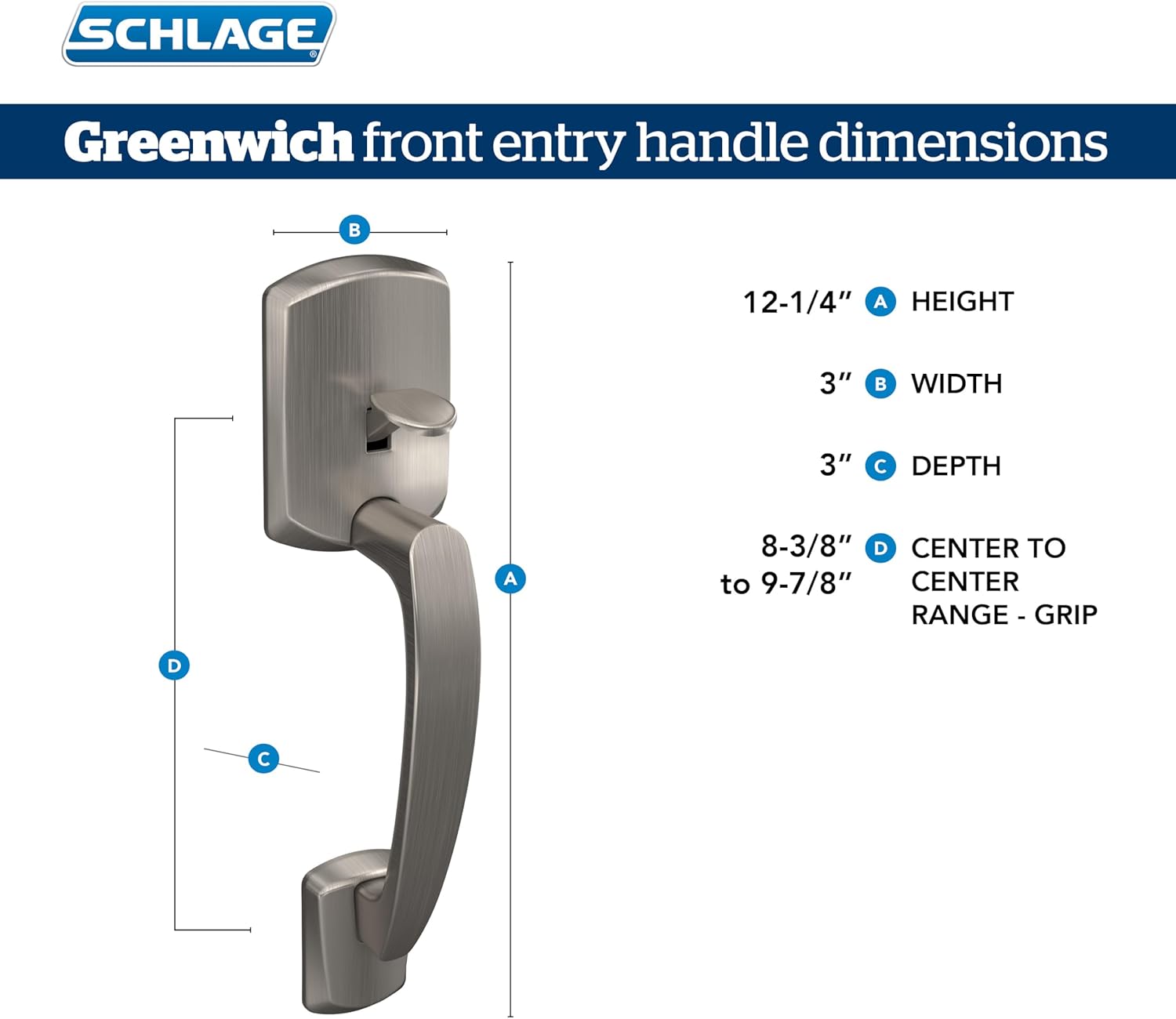 Schlage FE285 GRW 608 BWE GRW Greenwich Front Entry Handleset with Bowery Door Knob, Lower Half Grip, Satin Brass