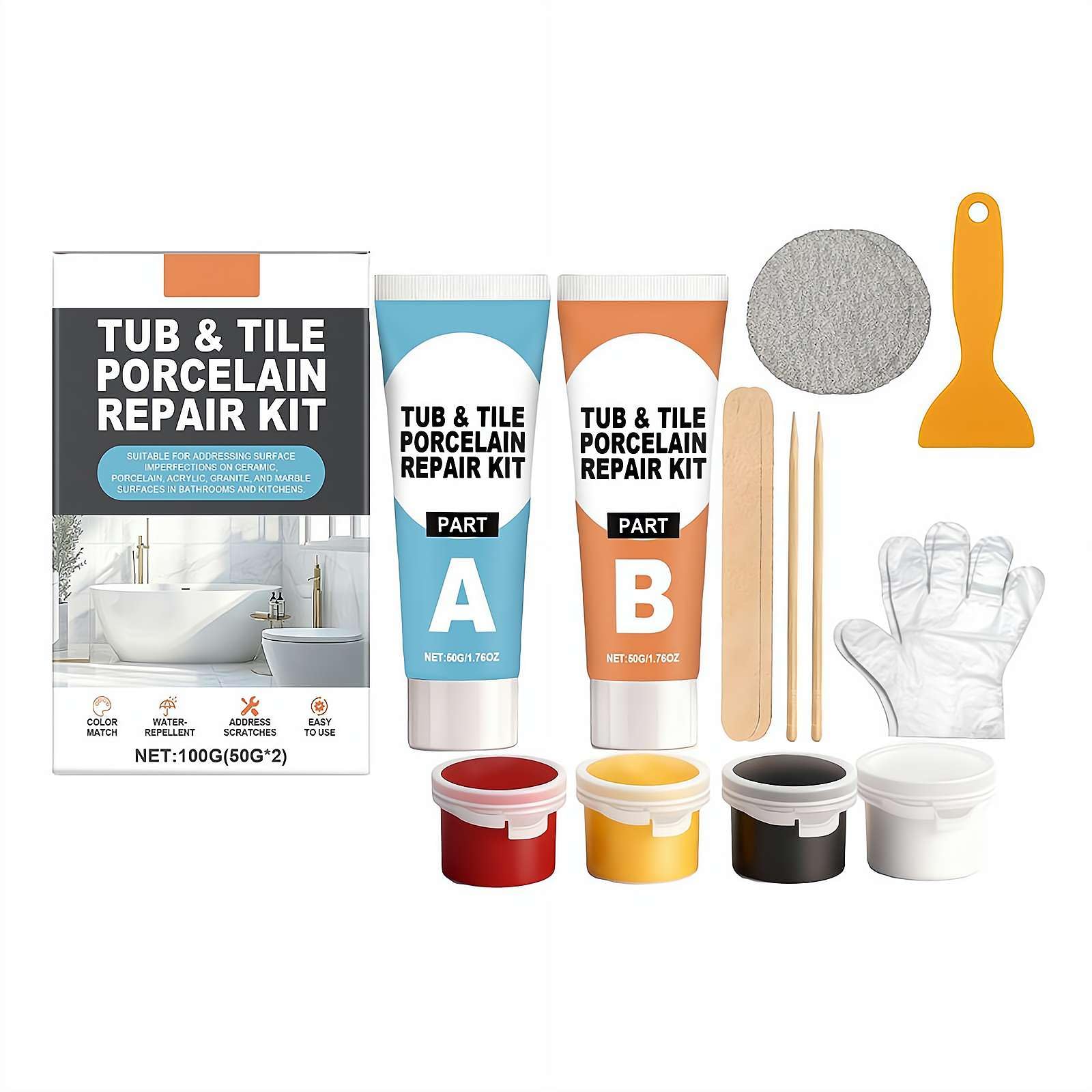 Kit di riparazione per vasca, smalto, fibra di vetro, acrilico, porcellana, ceramica, marmo, granito, scheggiature, ammaccature, crepe, buchi, graffi